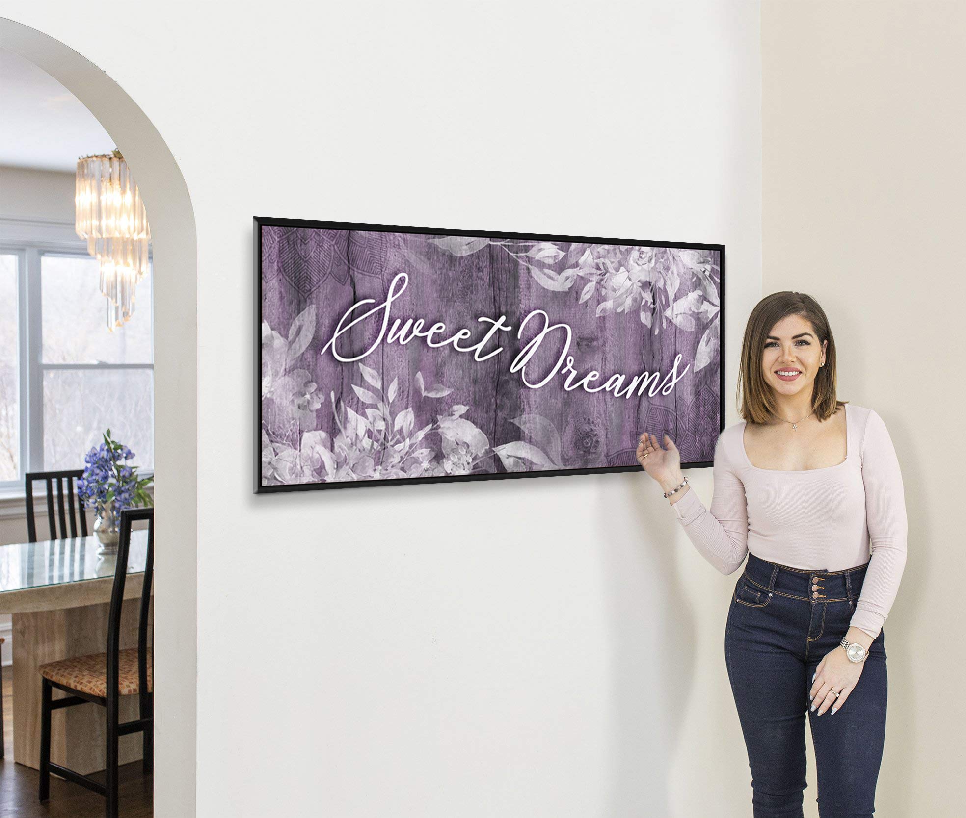 Sweet Dreams Sign - Large Canvas Wall Art for Master Bedroom Decor, Purple & Black Floating Frame (42x19) - Perfect Above Bed Wall Decor & Bedroom Signs for a Cozy & Stylish Space