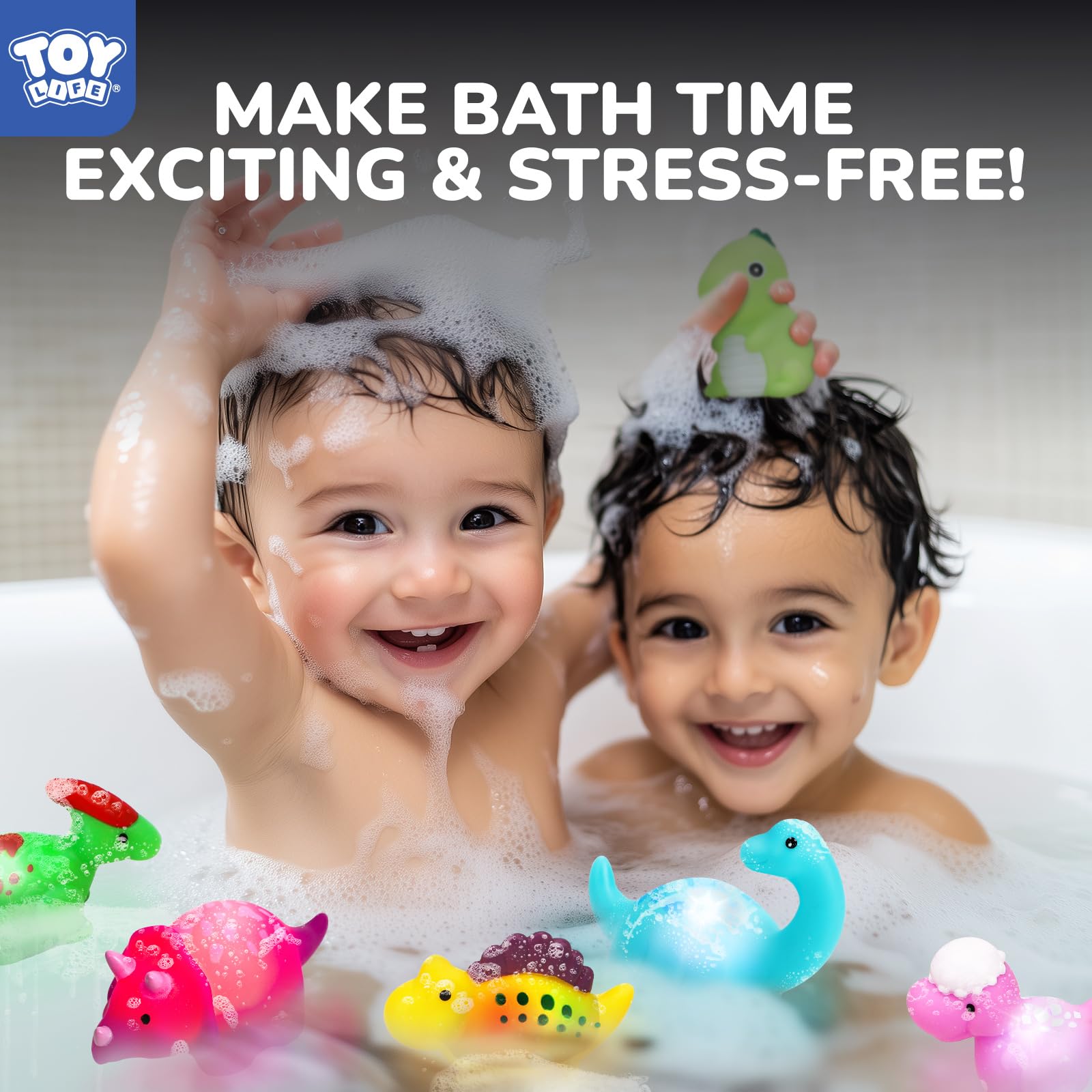 TOY Life 6-Piece Dinosaur Light Up Bath Toys for Kids - No Holes, Safe & Fun Bath Time Gifts for Ages 4-8 | Perfect for Bathtub, Shower, Pool & Sensory Play | Birthday, Easter & Holiday Presents for Boys & Girls