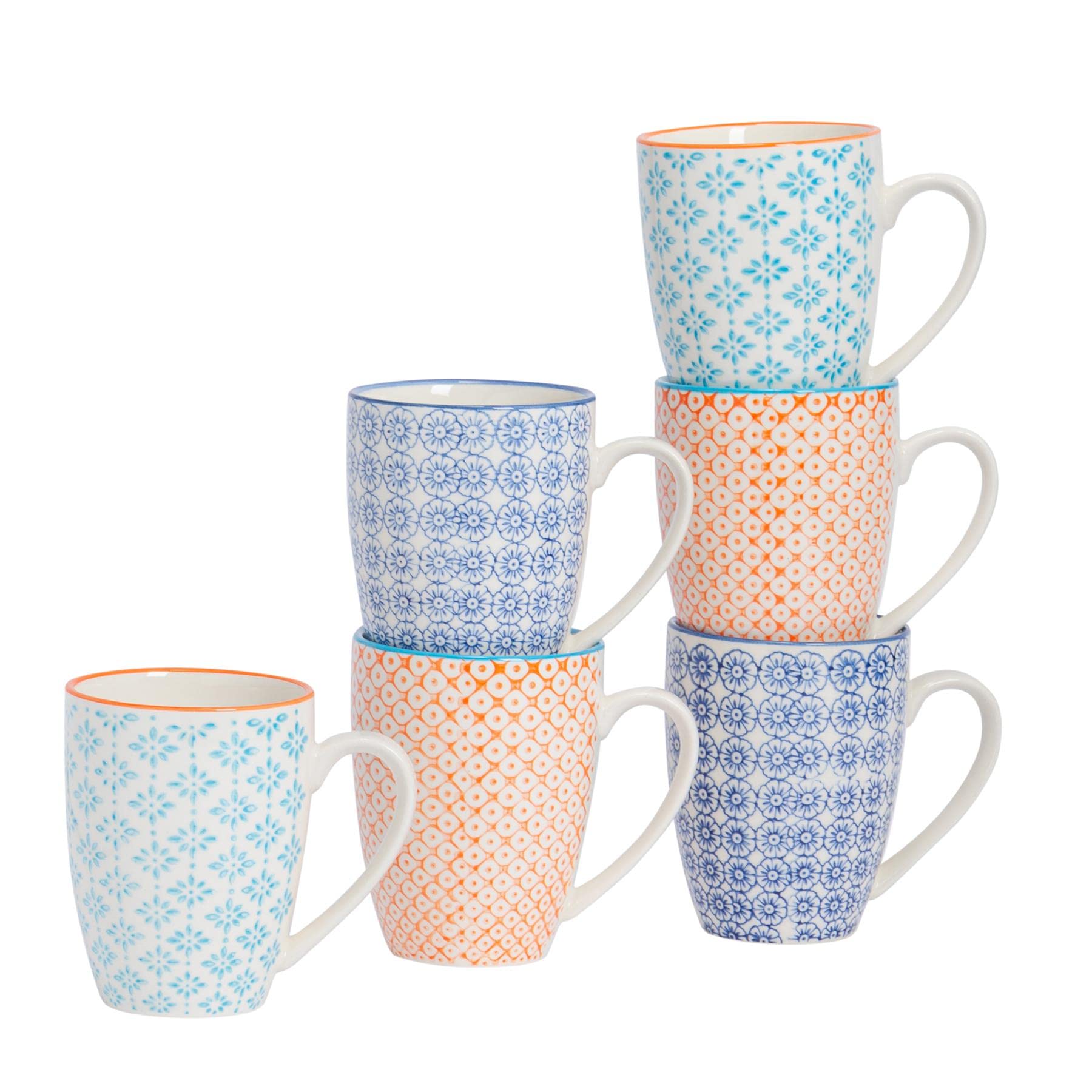 Nicola Spring Hand-Printed Porcelain Mug Set - 6 Pack 330ml Coffee & Tea Cups in Navy, Orange & Blue - Perfect for Home Kitchens, Cafes, Restaurants & Office Use