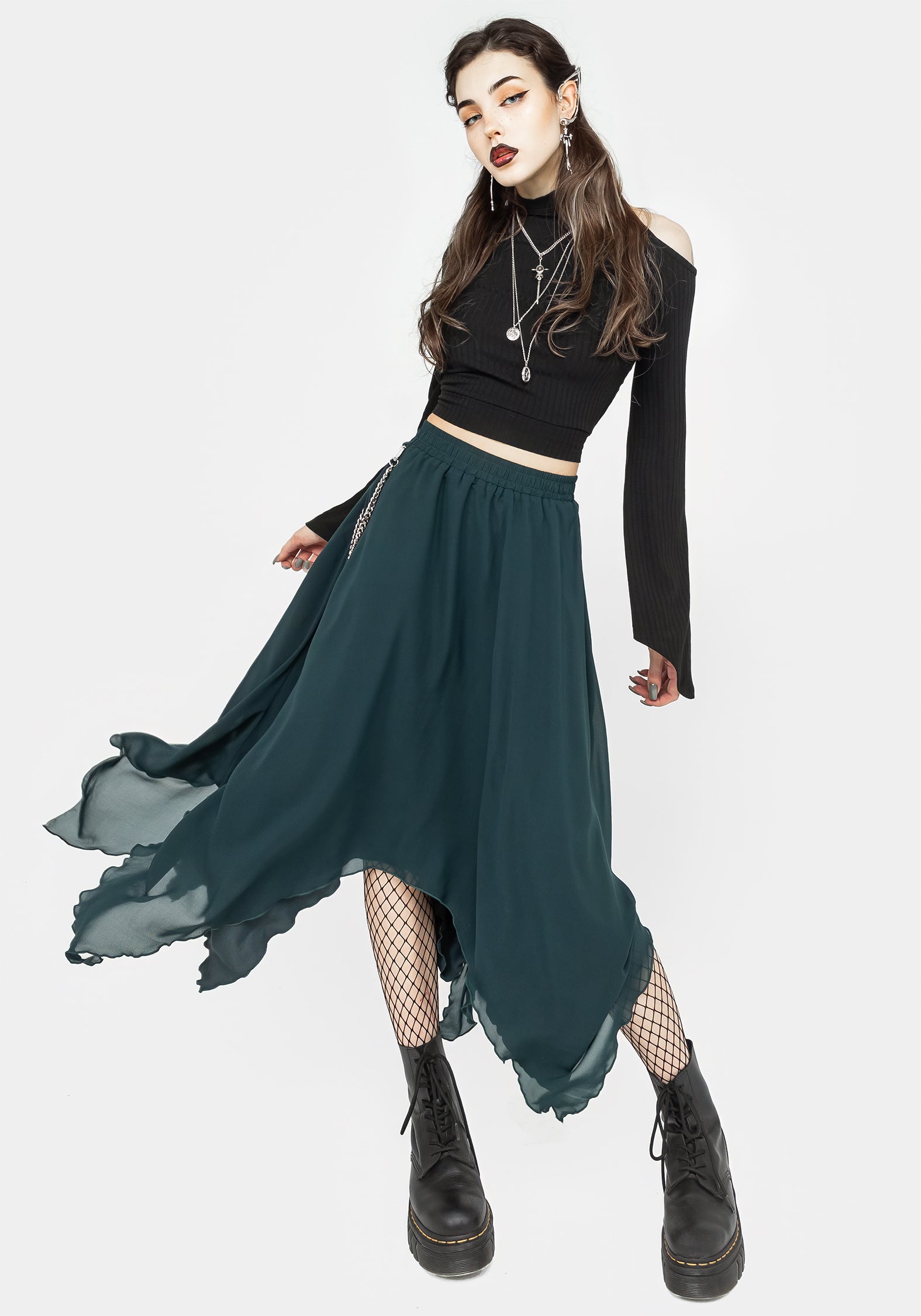 Levitate Chain Detail Midi Skirt - Women's Green Flowy Skirt for Casual Wear, Office & Party Outfits | Perfect for Spring & Summer Fashion