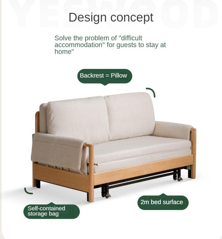 Modern Beech Solid Wood Sofa Bed - Convertible Sleeper for Small Spaces, Guest Room & Studio Apartments