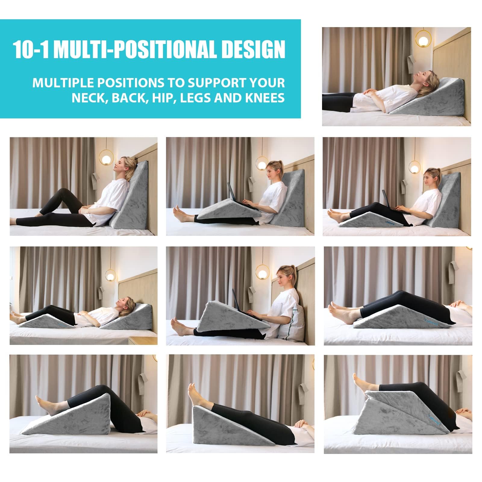 Foam Bed Wedge Pillow Set - 2 Pack Reading & Back Support Pillows for Sleeping, Sitting Up, and Leg Elevation - Orthopedic Triangle Wedge Pillow for Back Pain Relief, Acid Reflux, and Post-Surgery Recovery - Perfect for Bed, Couch, and Floor Use (Gray)