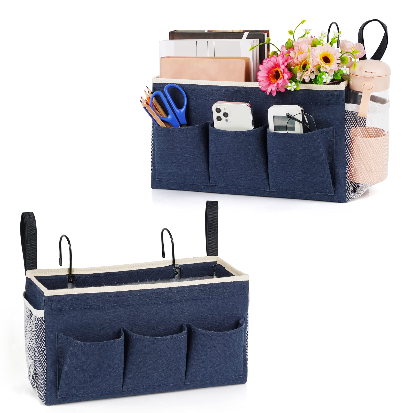 Bedside Caddy Organizer with Fixed Straps & Water Bottle Holder - 2 Pack Navy Blue Storage Pouch for Home, College Dorm, Bunk Bed, Hospital & Crib - Perfect for Books, Phones, Glasses & Essentials