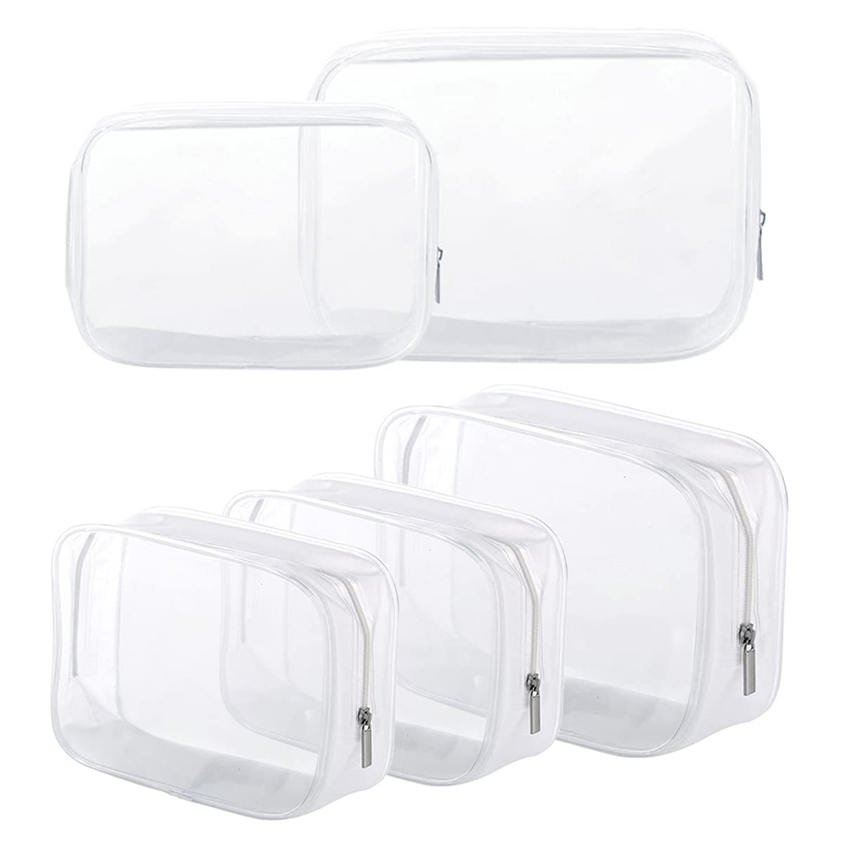 5 Pack Clear Plastic Zippered Toiletry Bags - TSA Approved Travel Cosmetic Organizer for Makeup & Bathroom Essentials | Perfect for Vacation, Business Trips & Daily Organization (White, Small/Large)