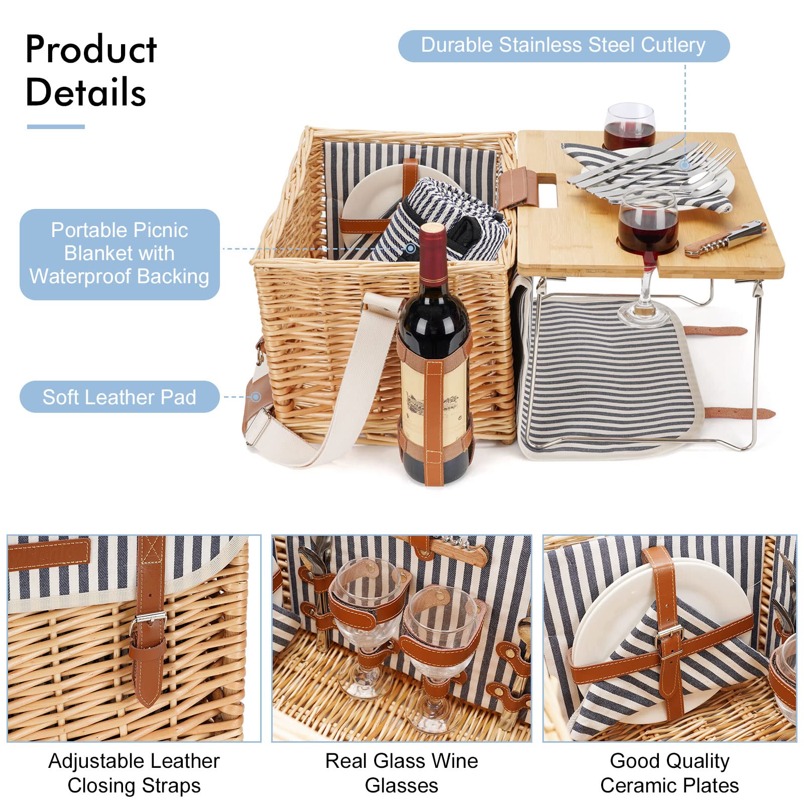 Premium Wicker Picnic Basket for 2 with Detachable Table - Wine Holder & Complete Tableware Set - Perfect for Outdoor, Wedding, Anniversary Gifts - Great for Beach, Park, Camping & Romantic Dates