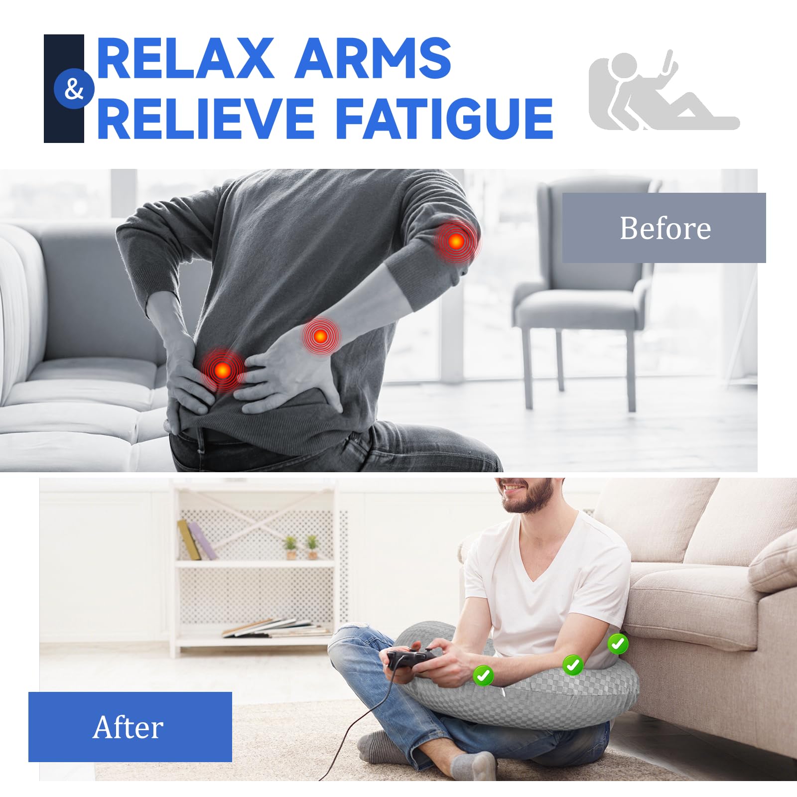 Ergonomic Gaming Pillow for Lap & Arm Support - Light Gray Compact Cushion for Comfortable Gaming, Reading in Bed or Sofa - Relieves Fatigue & Enhances Posture