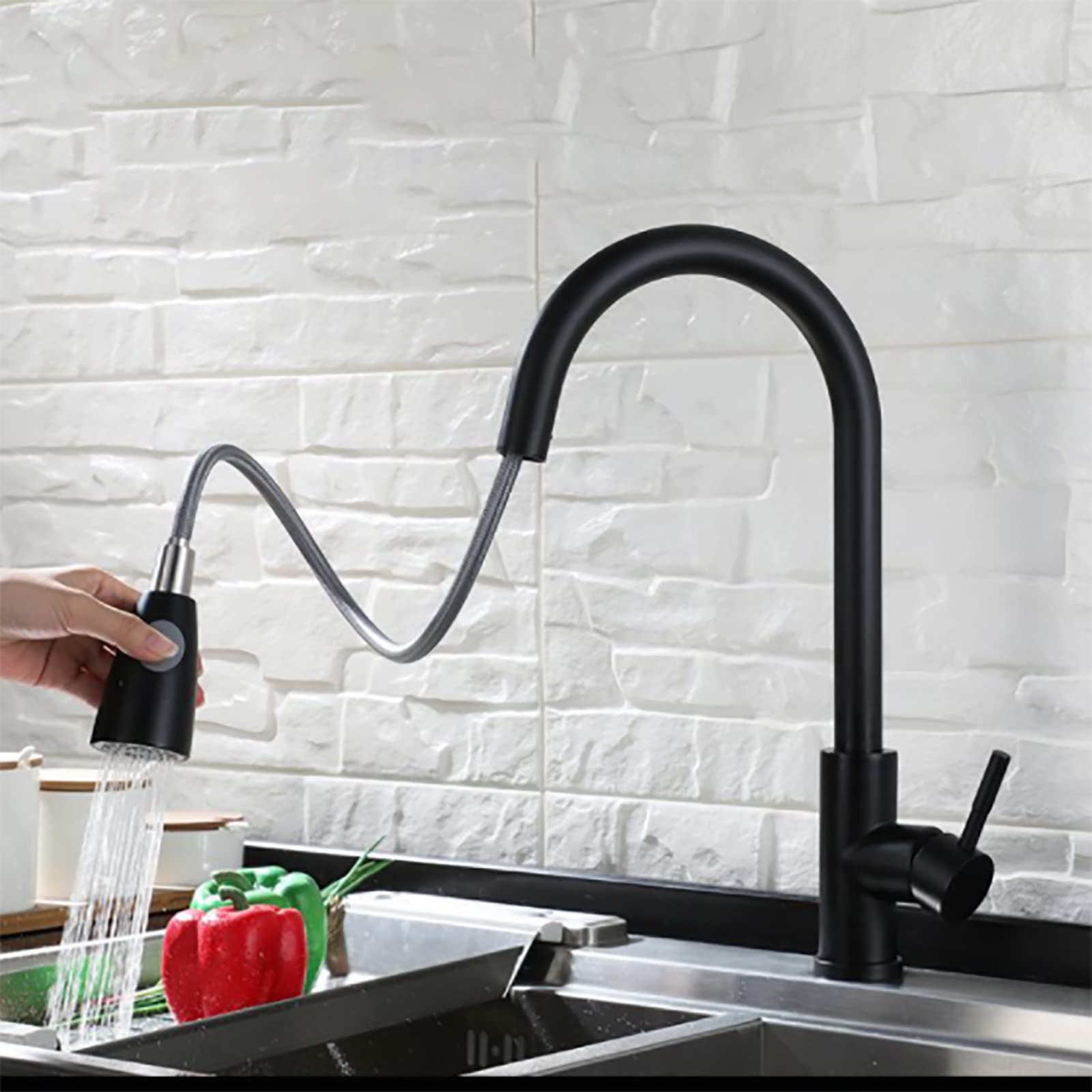 Matte Black Single Level Solid Brass Pull-Out Kitchen Faucet with Pull Down Sprayer - Durable Multifunction Tap for Modern Kitchens, Ideal for Cooking and Cleaning