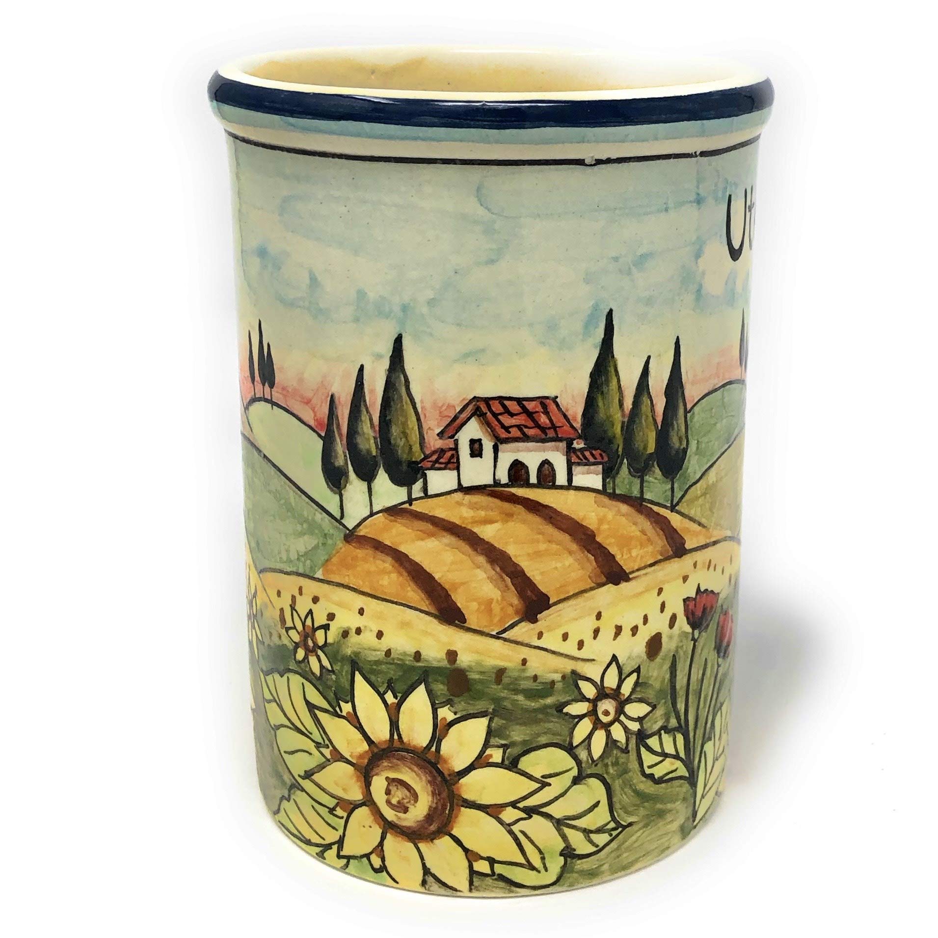 Hand-Painted Italian Ceramic Utensil Holder - Tuscan Sunflower Landscape Art Pottery | Made in Italy | Perfect for Kitchen Decor & Gift Giving