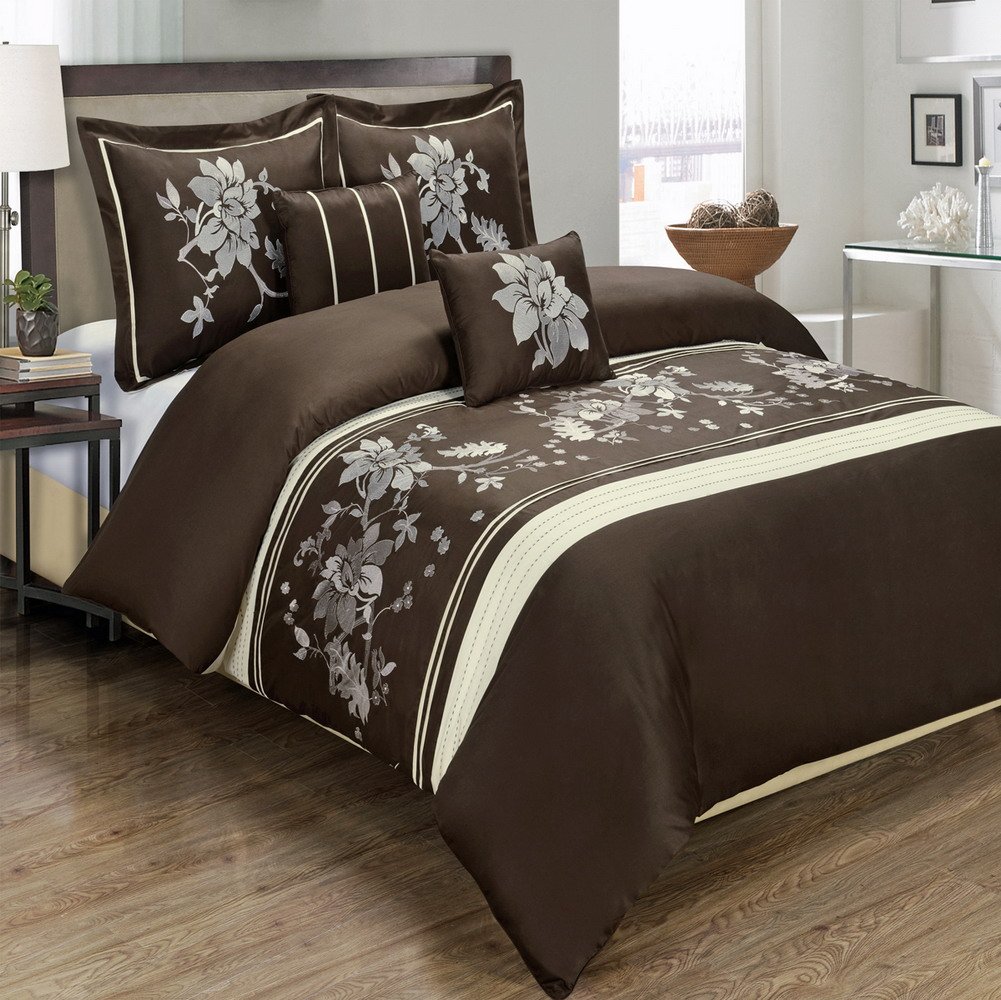 Blancho Myra Chocolate 5-Piece Duvet Cover Set - 100% Cotton Embroidered Full/Queen Size Bedding - Soft Luxury Bedroom Decor for Master & Guest Rooms