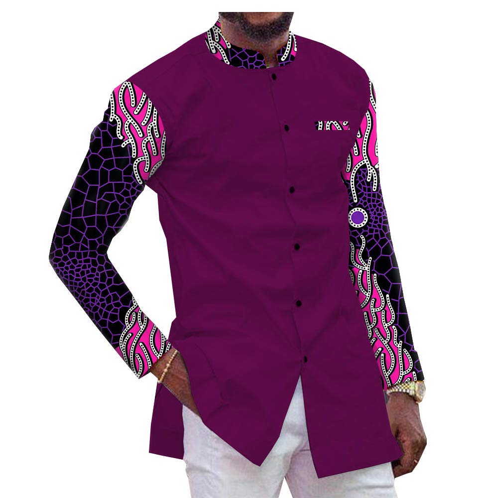 African Dashiki Shirt for Men - Long Sleeve Ankara Wax Print Batik Button-Up Blouse with Pocket | Traditional African Wear for Weddings, Parties & Cultural Events