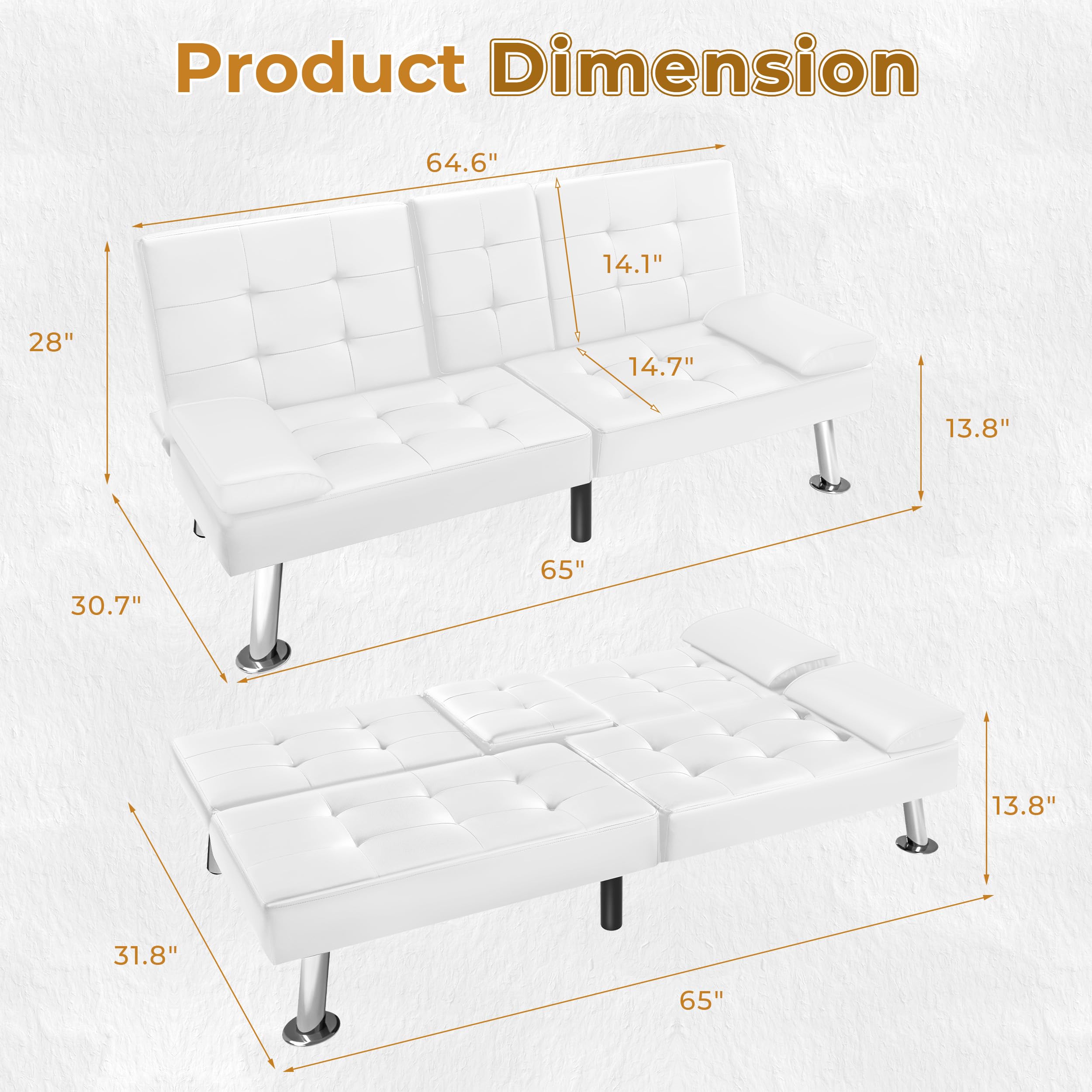 VICTONE Modern Faux Leather Futon Sofa Bed - Convertible Folding Recliner Couch with 2 Cup Holders & Armrests for Living Room, Guest Room or Small Space (White) - Perfect for Apartments, Dorms and Home Offices