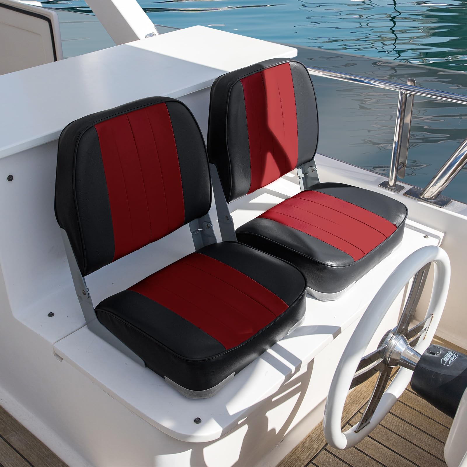 Leader Accessories Low Back Folding Boat Seats - Pair of 2, Comfortable & Durable Marine Chairs for Fishing Boats, Pontoon, Deck & Outdoor Use