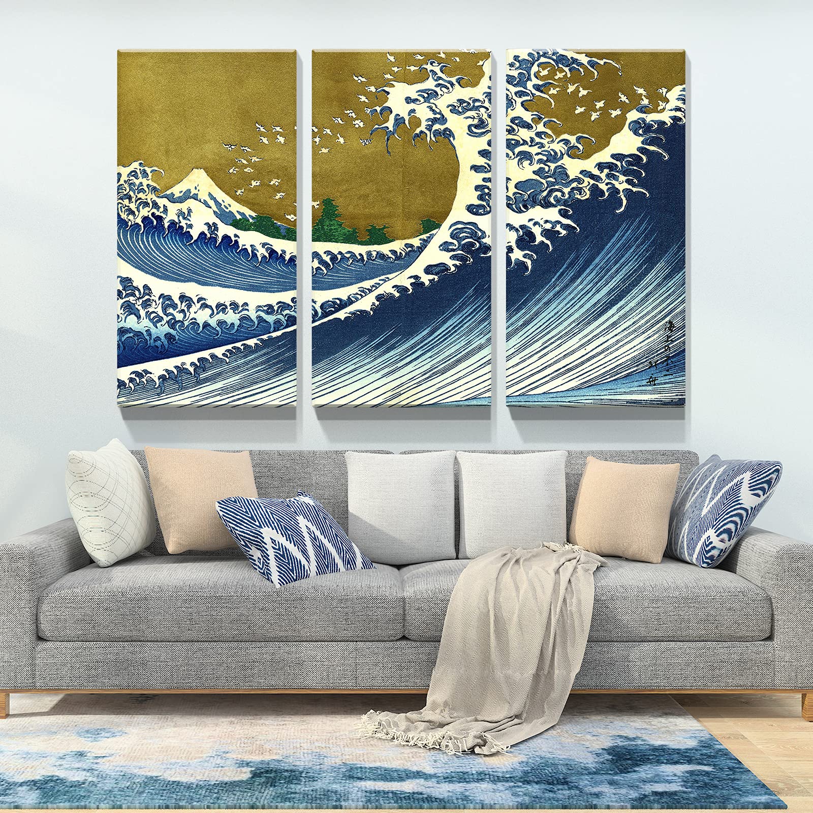 The Great Wave Off Kanagawa Canvas Wall Art - 3 Panel Japanese Ocean Painting Home Decor (20