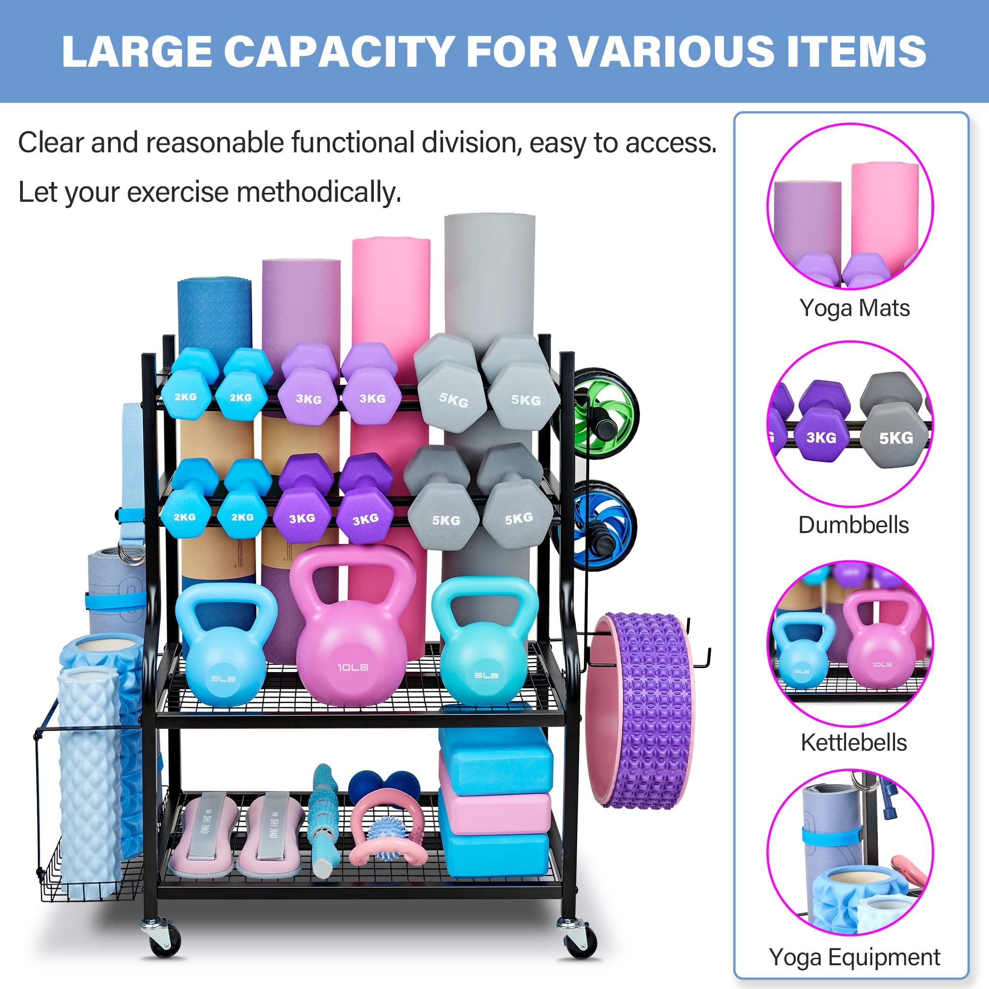 Dumbbell Rack & Yoga Mat Storage Organizer - Heavy Duty Home Gym Equipment Stand for Dumbbells, Kettlebells & Exercise Mats | Space-Saving Workout Gear Storage with Wheels | Perfect for Home Gym, Garage & Fitness Studio Organization