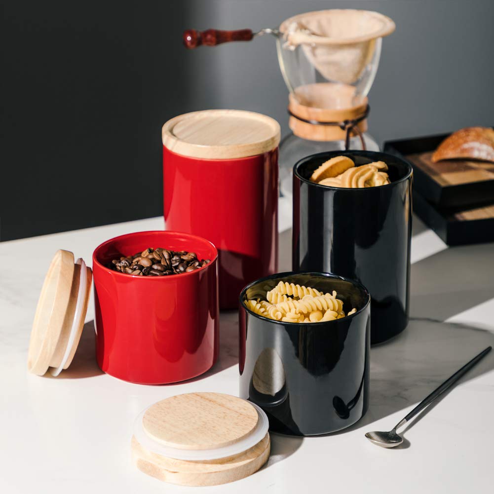 Sweejar 16oz Ceramic Food Storage Canisters with Airtight Wooden Lid - Stackable Kitchen Containers for Coffee, Tea, Sugar, Salt, Flour & Spices | Perfect for Pantry Organization & Countertop Display (Red)