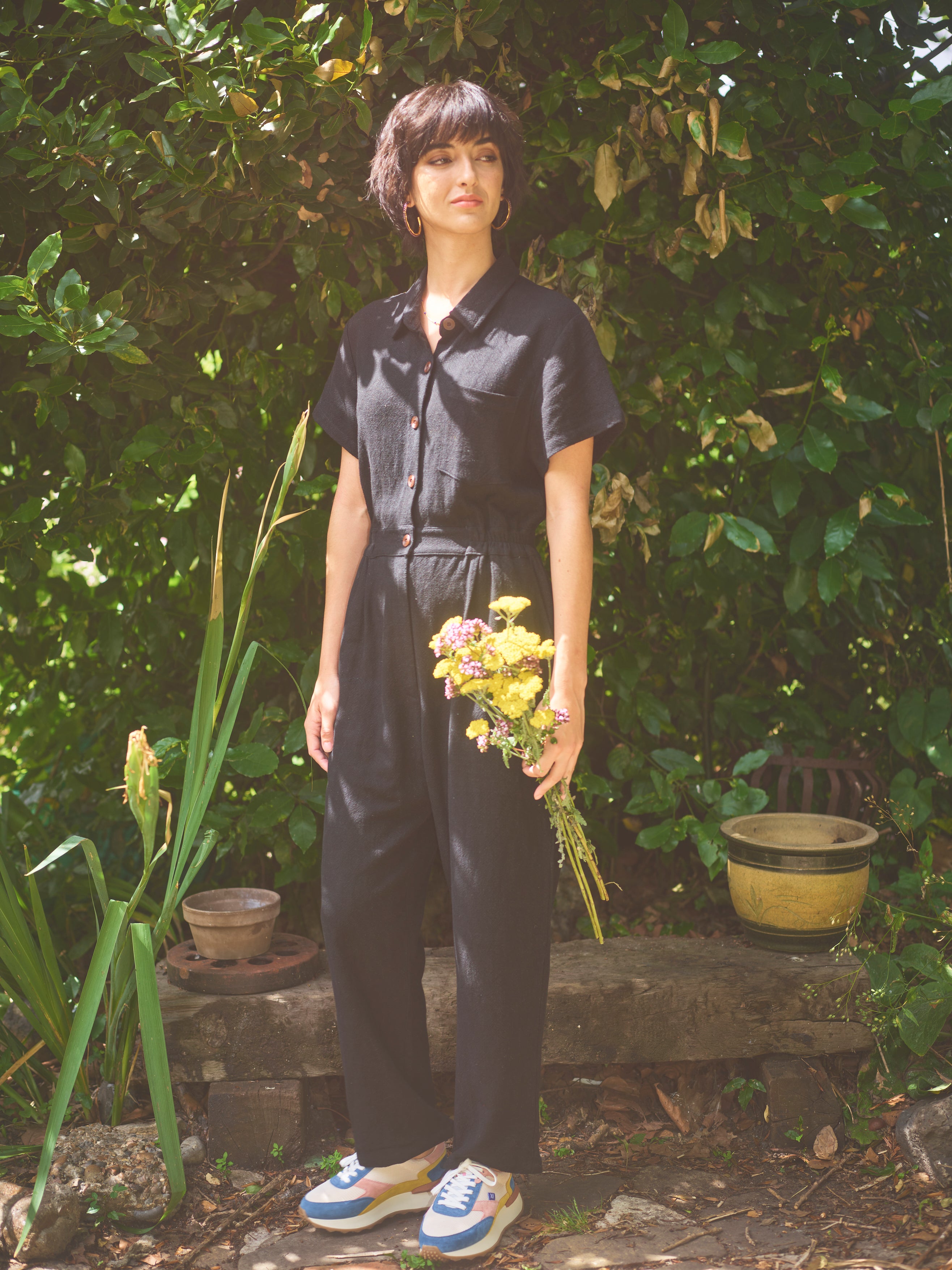 Lowie Linen Viscose Black Boilersuit Jumpsuit for Women - Comfortable & Stylish One-Piece Outfit for Casual Wear, Work, or Travel