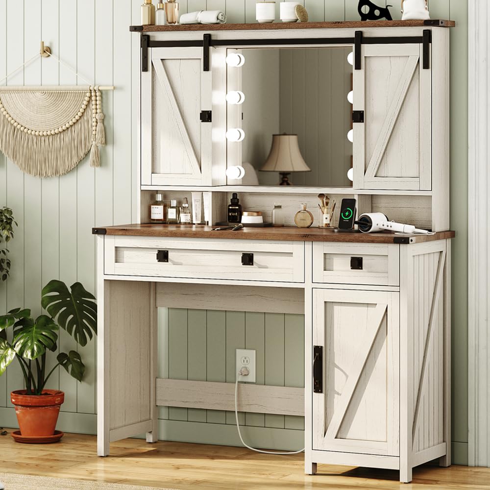 AOGLLATI Farmhouse White Makeup Vanity with LED Lights & Barn Doors - Vanity Desk with Mirror, Charging Station, Jewelry Hooks & Open Storage Shelves - Perfect for Bedroom, Dressing Room & Home Beauty Station