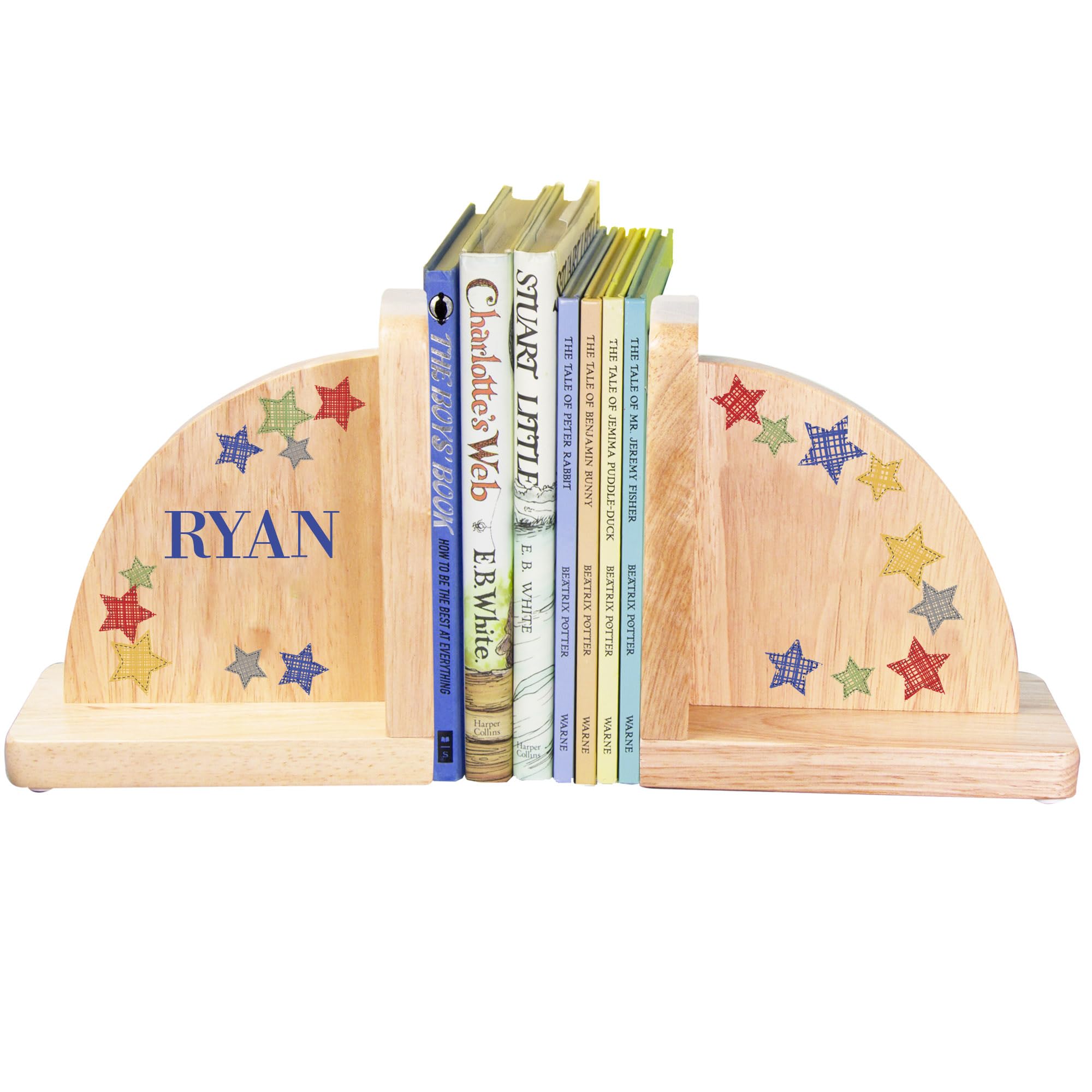 Personalized Wooden Bookends with Stitched Stars - Handmade Natural Wood Book Holders for Kids, Children's Room Decor, Desk Organizer & Bookshelf Display - Perfect for Nursery, Study Room & Gift Giving