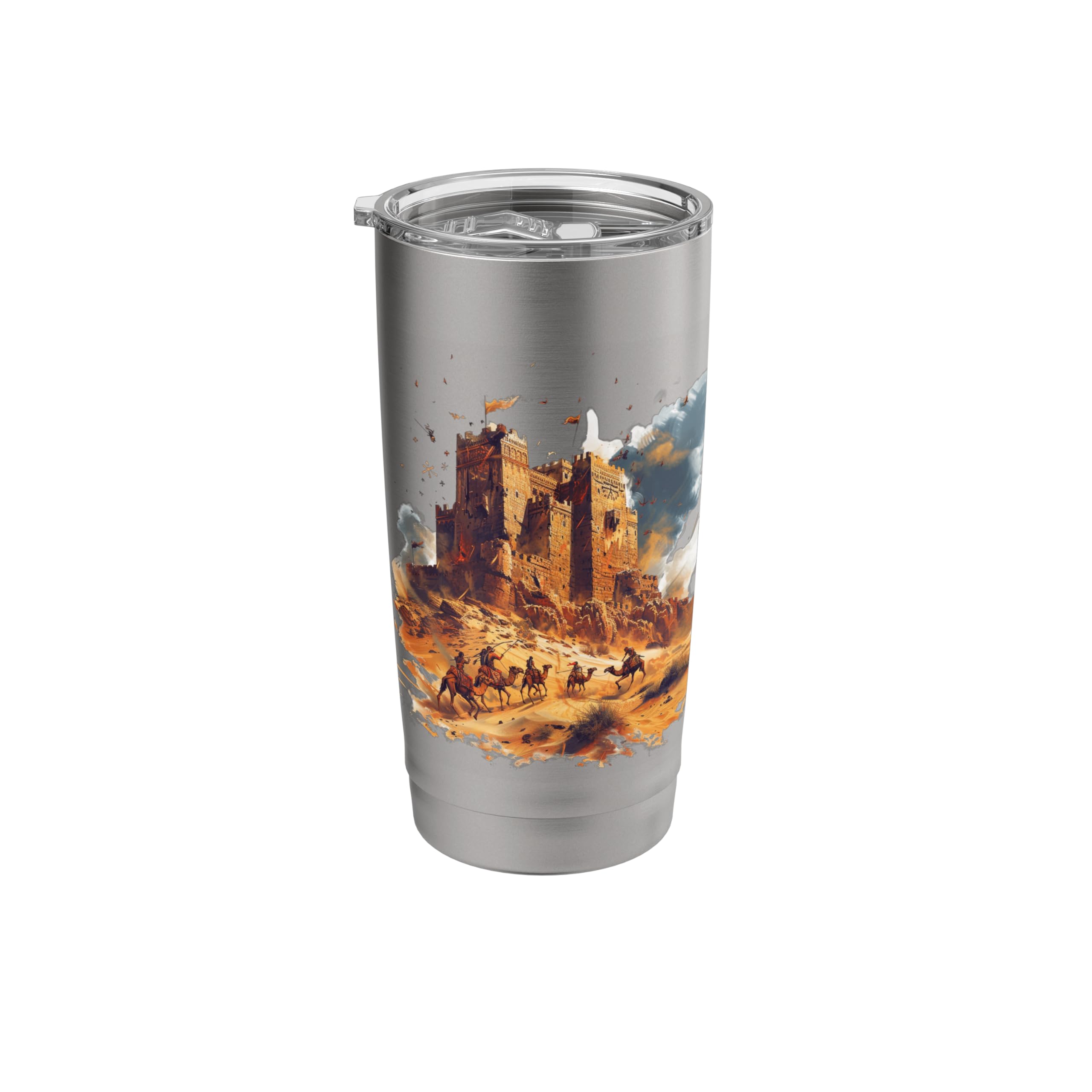 Vintage Desert Castle & Camel Art Stainless Steel Insulated Tumbler - 20oz Double Wall Vacuum Travel Mug for Hot & Cold Drinks - Perfect for Camping, Office Commute and Outdoor Adventures