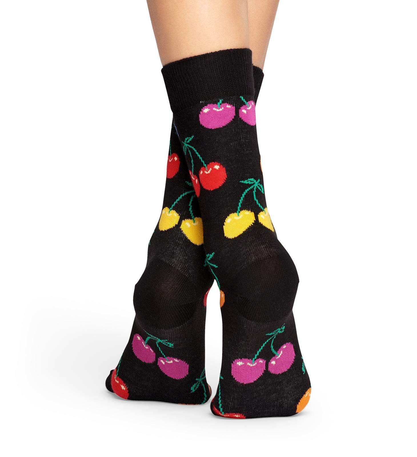 Happy Socks for Men - Cherry Print Black Cotton Crew Socks - Comfortable Casual & Dress Socks for Work, Gym, and Everyday Wear