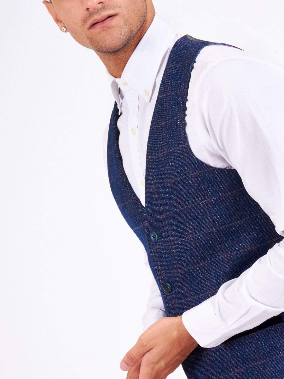 Marc Darcy Harry Men's Indigo Blue Slim Fit Tweed Check Suit Waistcoat Vest | Formal & Wedding Attire | Business Office & Special Occasion Outfit