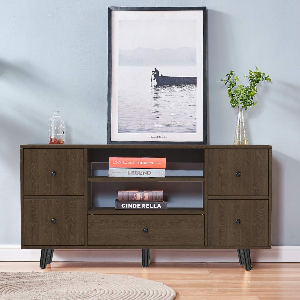 4HOMART YVONNE&F.L.A.M. Modern TV Stand with 5 Drawers - White Wooden TV Console for Flat Screen TVs up to 65