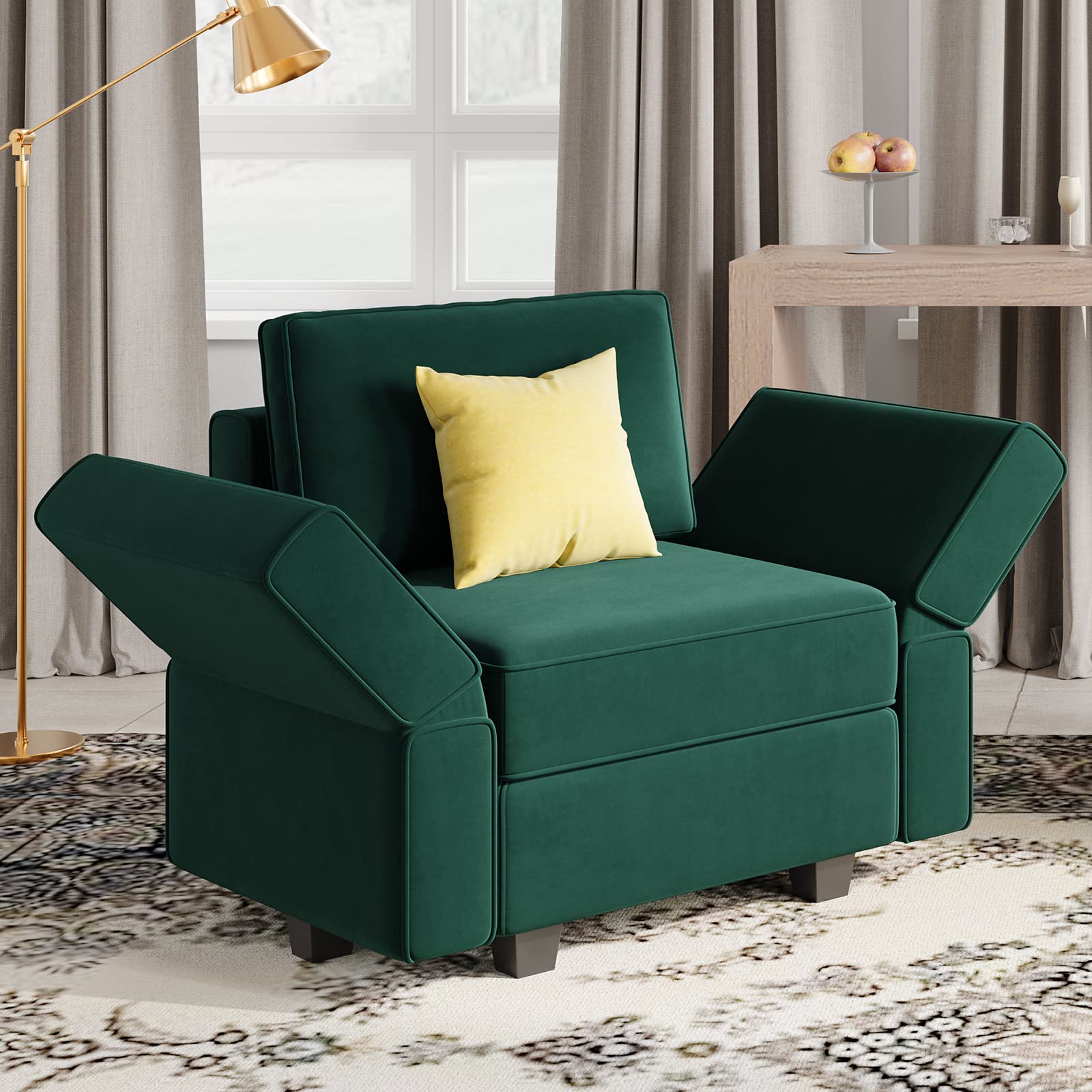 Belffin Velvet Modular Sectional Arm Chair with Storage Seat - Single Club Accent Chair for Apartment, Green - Perfect for Living Room, Lounge & Small Space Decor