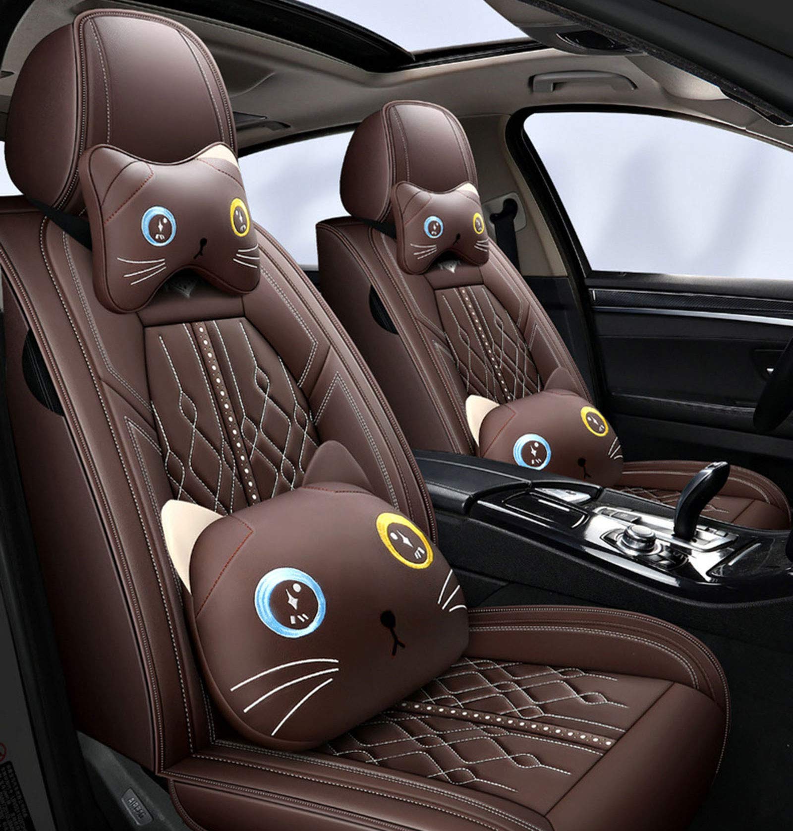 **Universal Cartoon Leather Car Seat Covers for Men & Women - Adjustable Auto Seat Protectors for 95% Cars, Vans & SUVs (Brown) - Perfect for Road Trips, Commuting & Daily Driving**