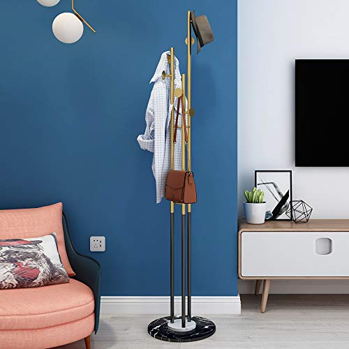 KST Free-Standing Coat Rack Metal Stand - Hall Tree Entryway Organizer with 6 Hooks for Jackets, Bags, Hats & Scarves - Gold & Black Home Office Floor Hanger - Perfect for Entryway, Bedroom & Mudroom Organization
