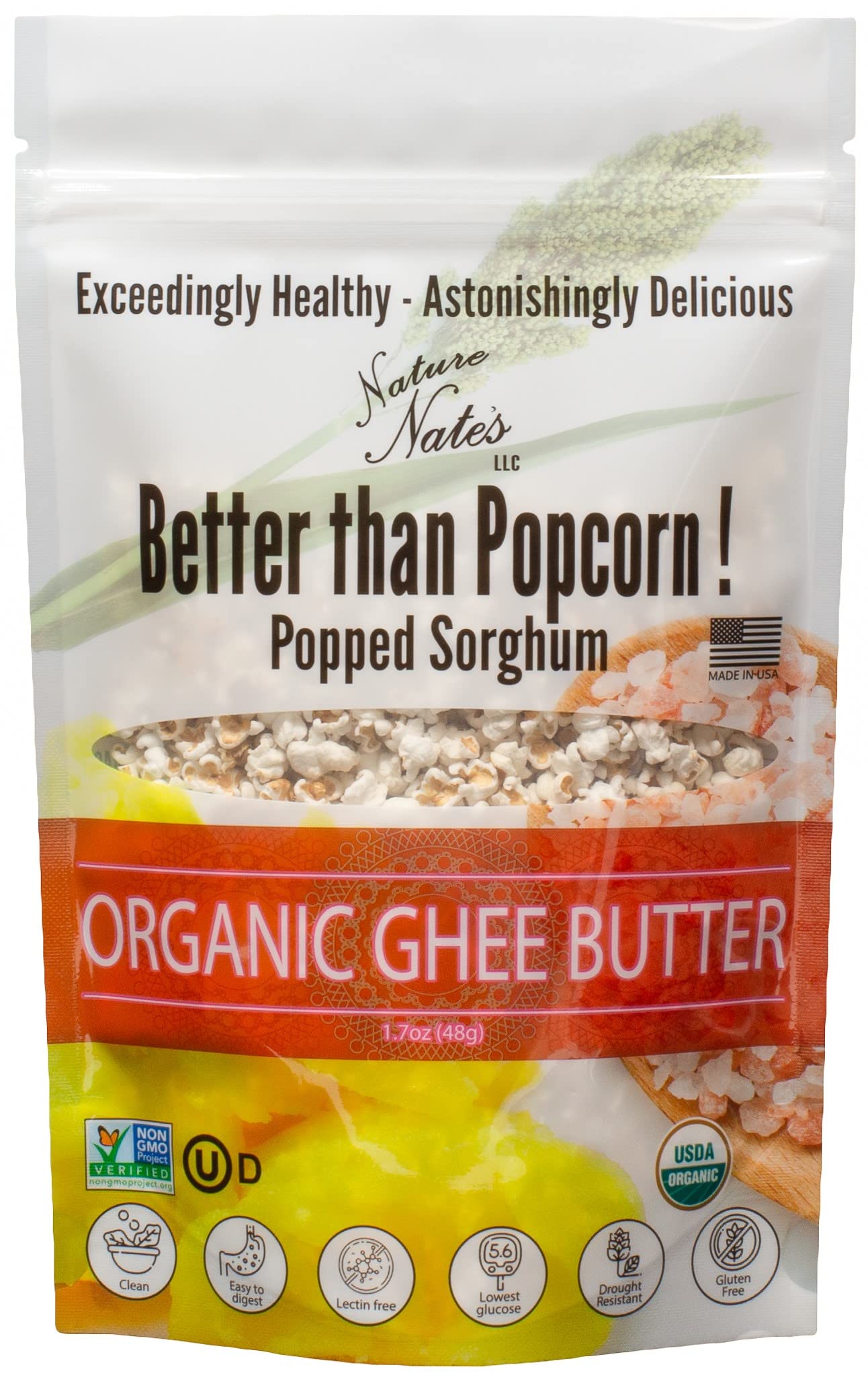 Organic Ghee Butter Popped Sorghum Snacks - Keto, Gluten-Free, Healthy, Non-GMO, Made in USA - 1.7oz (6-Pack) - Perfect for Movie Nights, Road Trips & Office Snacking
