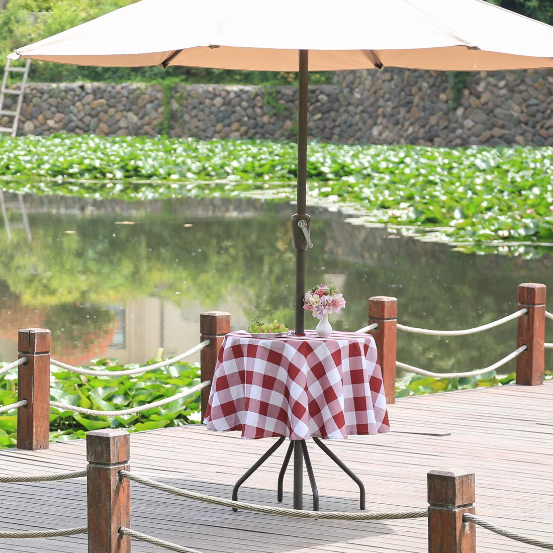 52” Burgundy Red Check Outdoor Round Tablecloth with Umbrella Hole Zipper - Waterproof Picnic Table Cover for Spring Summer Patio, Garden, and Backyard Dining