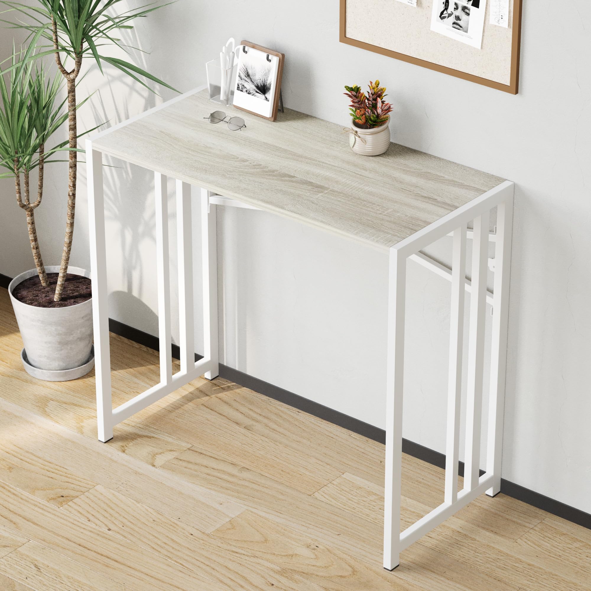 EMODA 35 Inch Folding Computer Desk - No Assembly Needed Home Office Desk, Portable Slim Study Writing Gaming Table (Beige) - Perfect for Small Spaces, Dorm Rooms & Work From Home Setup