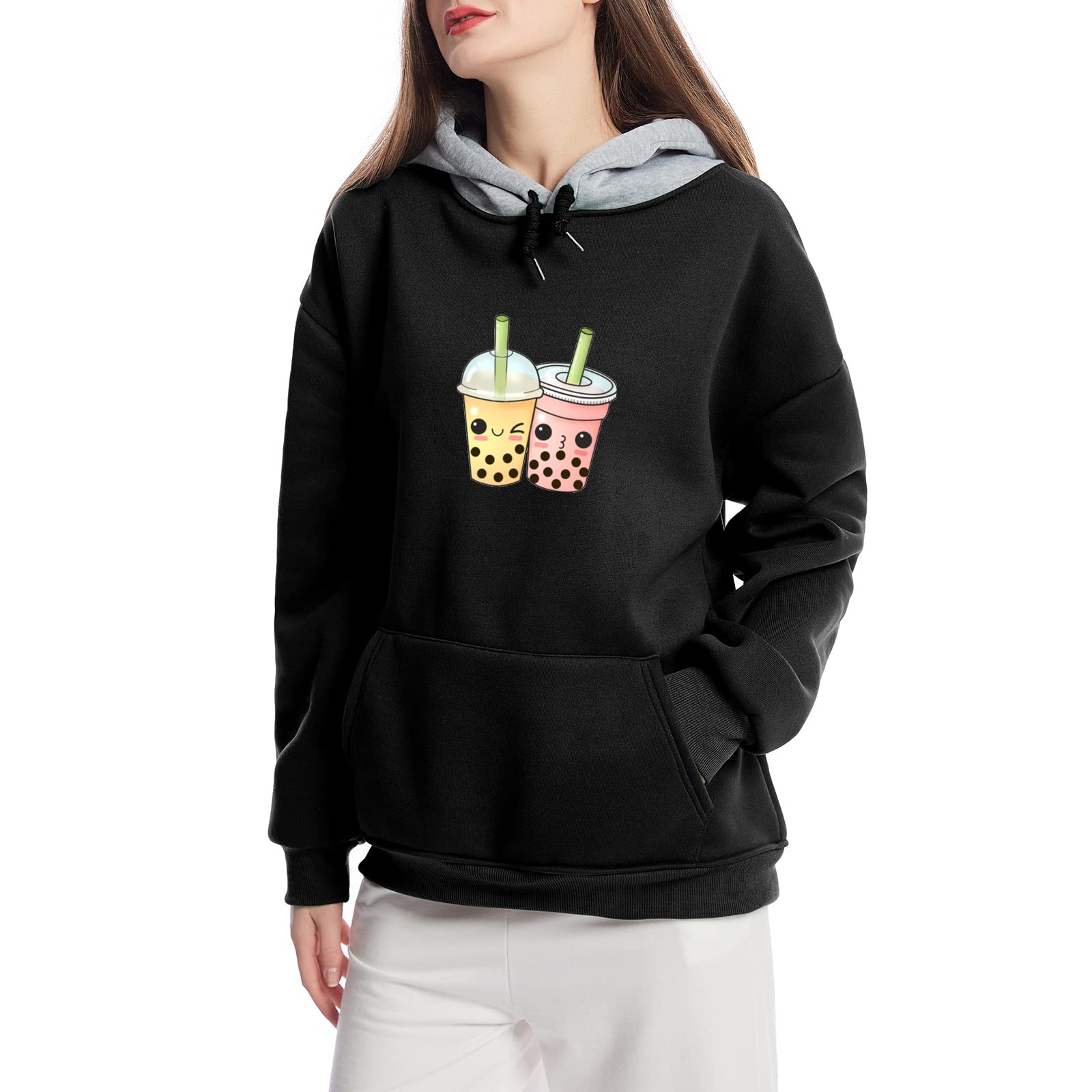 Women's Oversized Hoodie - Kawaii Boba Milk Tea Sweatshirt | Cute Color Block Pullover for Teen Girls | Casual Loungewear, Streetwear Fashion