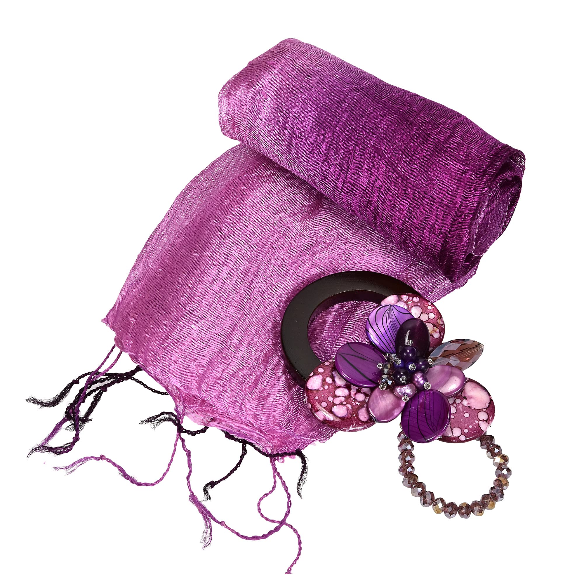 AeraVida Purple Floral Mix Stone Buckle Pendant Necklace with Bamboo Yarn Scarf - Elegant Bohemian Jewelry for Women, Perfect for Parties, Weddings & Everyday Wear