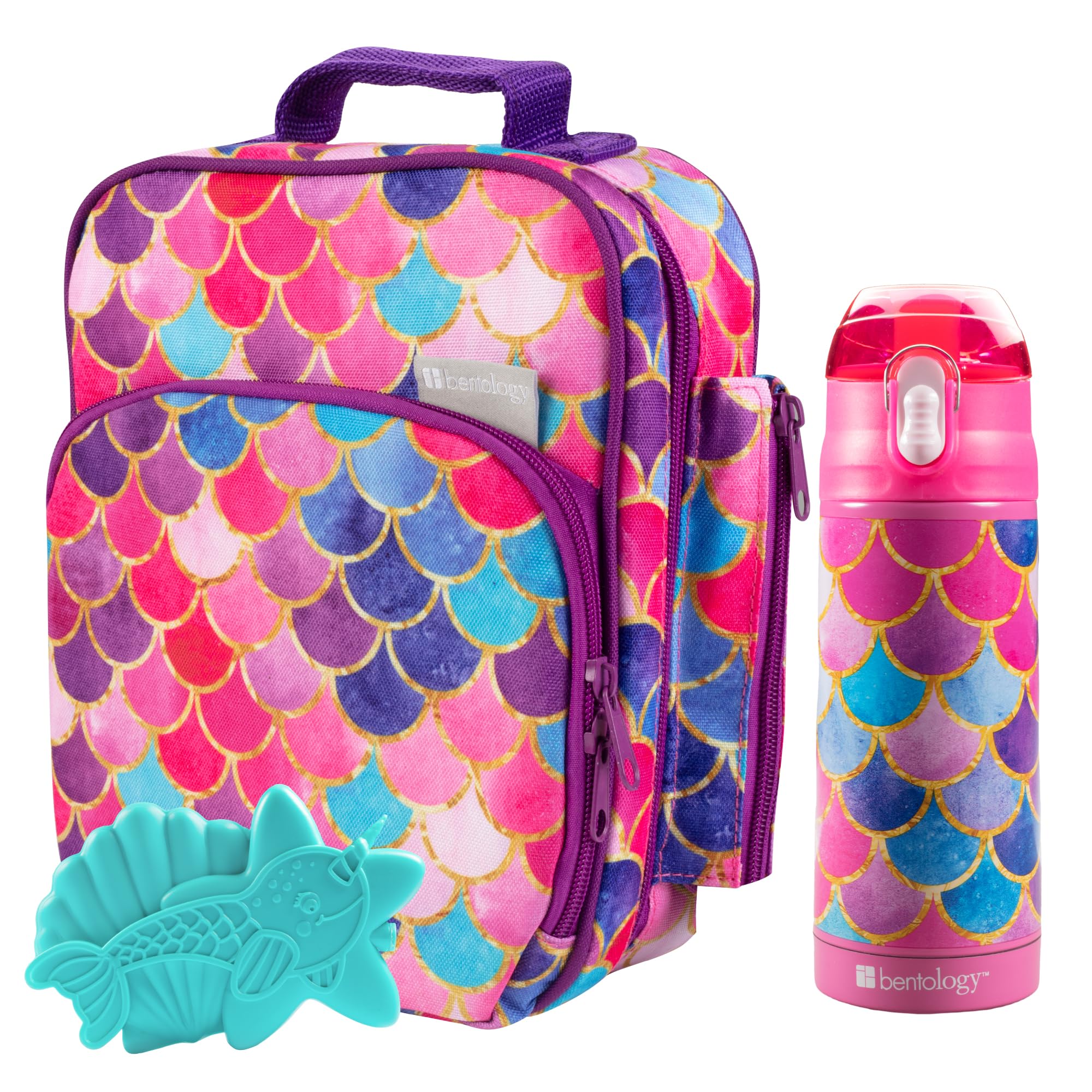Bentology Kids Lunch Bag Set with Matching Reusable Water Bottle & Hard Ice Pack - Pink Purple Mermaid Design - Insulated Tote, Stainless Steel Thermos - Back to School Lunchbox Kit for Boys & Girls - Perfect for School, Picnics, and Outdoor Activities