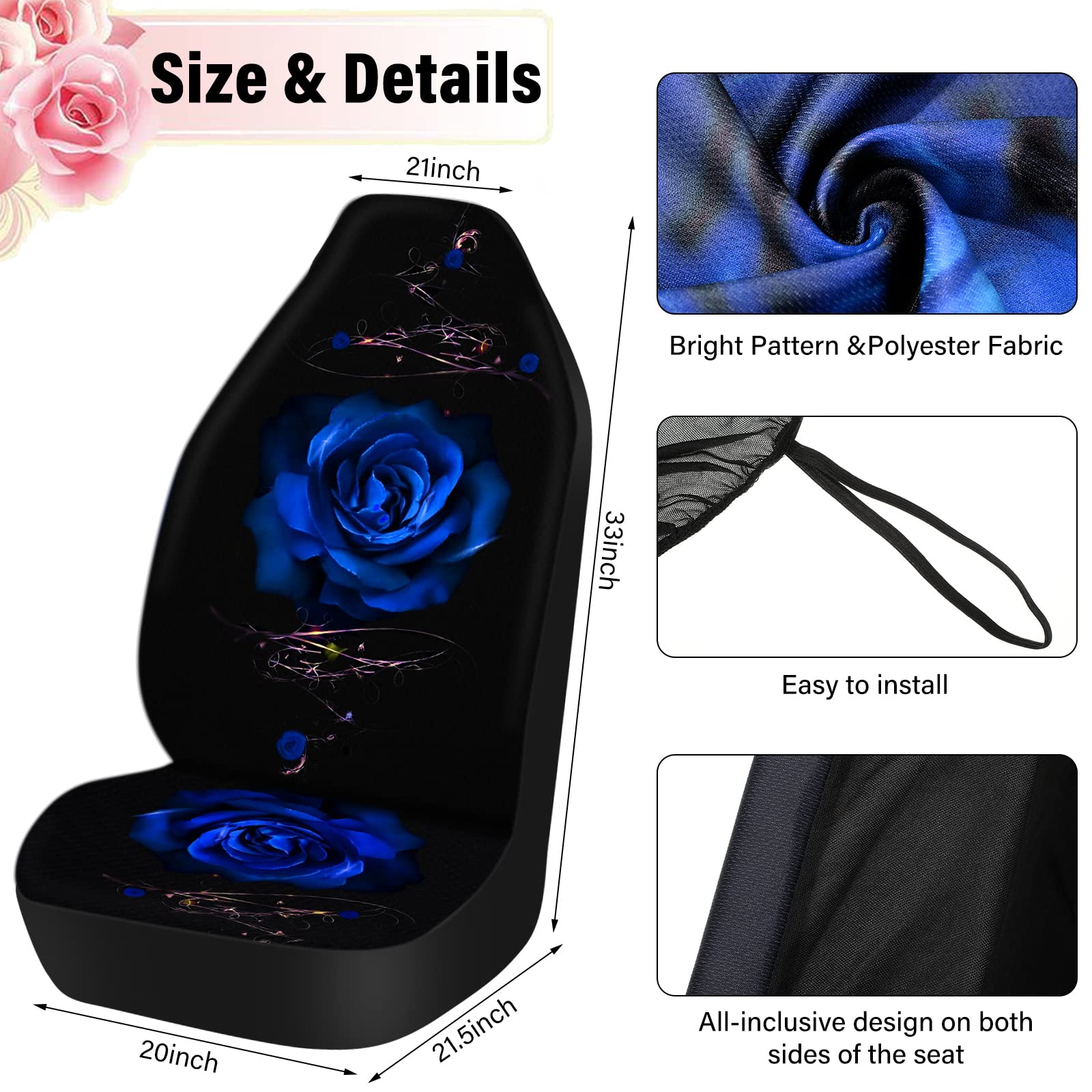 15-Piece Rose Flower Car Seat Covers Set for Women - Universal Fit with Rubber Steering Wheel Cover, Armrest & Seatbelt Covers - Front & Rear Backrest Protection - Soft Polyester Fabric (Blue) - Perfect for Daily Commute, Road Trips & Car Interior Decoration