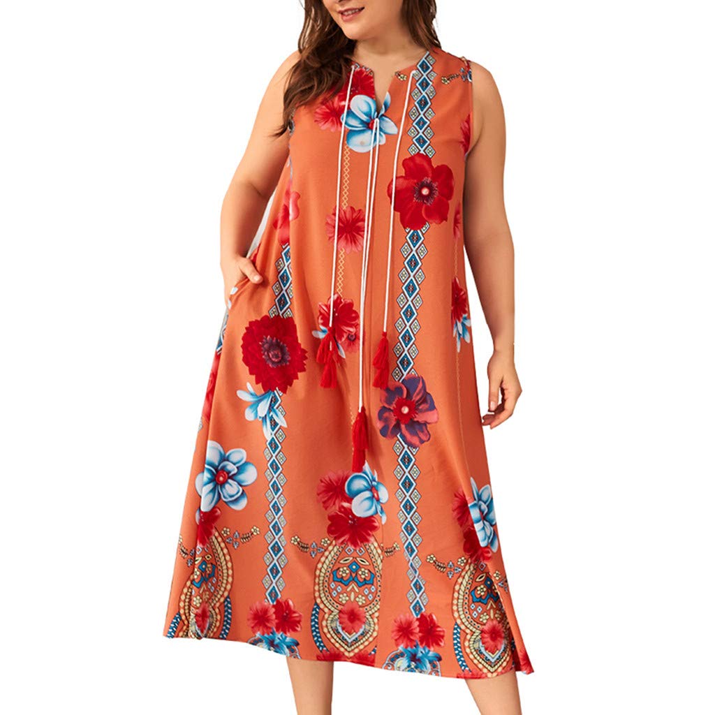 HHmei Plus Size Women's Floral Print Sleeveless V-Neck Boho Sundress - Perfect for Beach Vacations, Summer Parties & Casual Outings