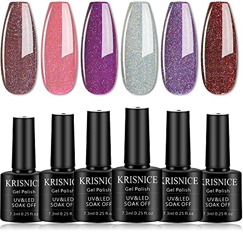 KRISNICE 6 Colors Reflective Glitter Gel Nail Polish Set - Pink, Purple, Silver Holographic UV LED Soak Off Shellac Polish for Home DIY Manicure & Nail Salon | Sparkly Shiny Disco DJ Party Nails (KCS6-023) | Perfect for Nightlife, Festivals & Special Occasions