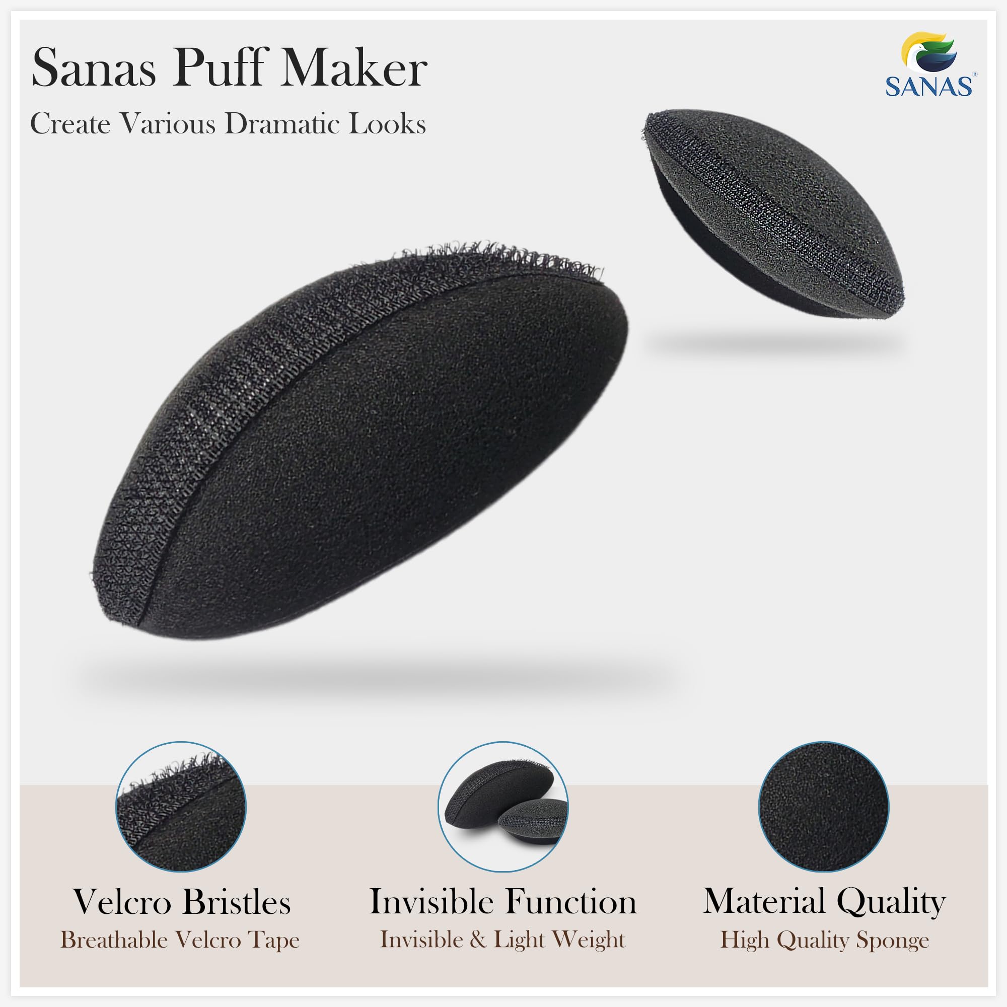 Sanas Hair Puff Set of 2 - Oval Shape Hair Styling Tool & Volumizer for Women & Girls - Create Bump Puff Hairstyles - Perfect for Parties, Weddings & Everyday Styling