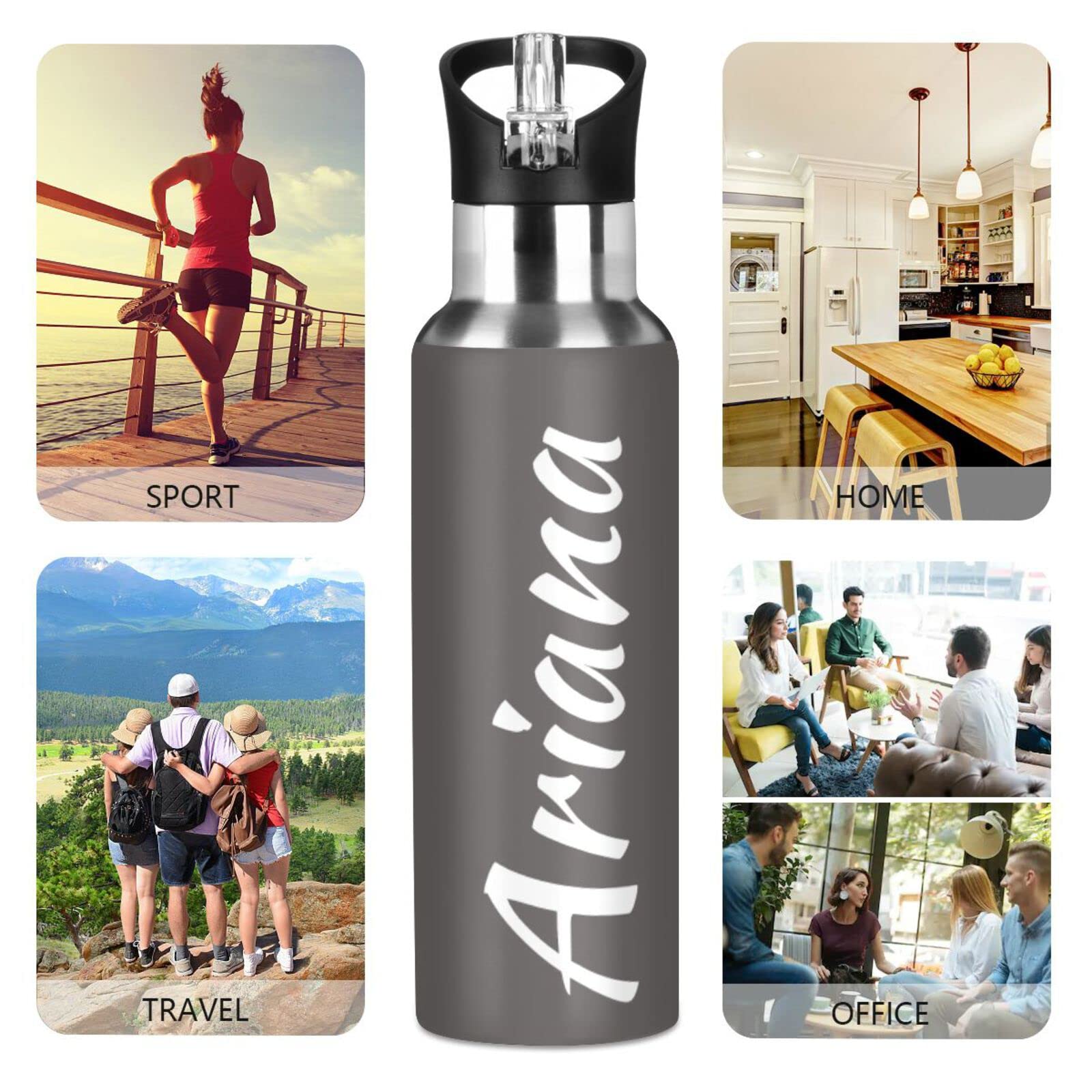 Custom 33oz Insulated Sports Water Bottle with Straw Lid - Personalized Grey Reusable Water Bottle for Hiking, Cycling & Outdoor Activities | Perfect for Gym, Work & Travel Hydration