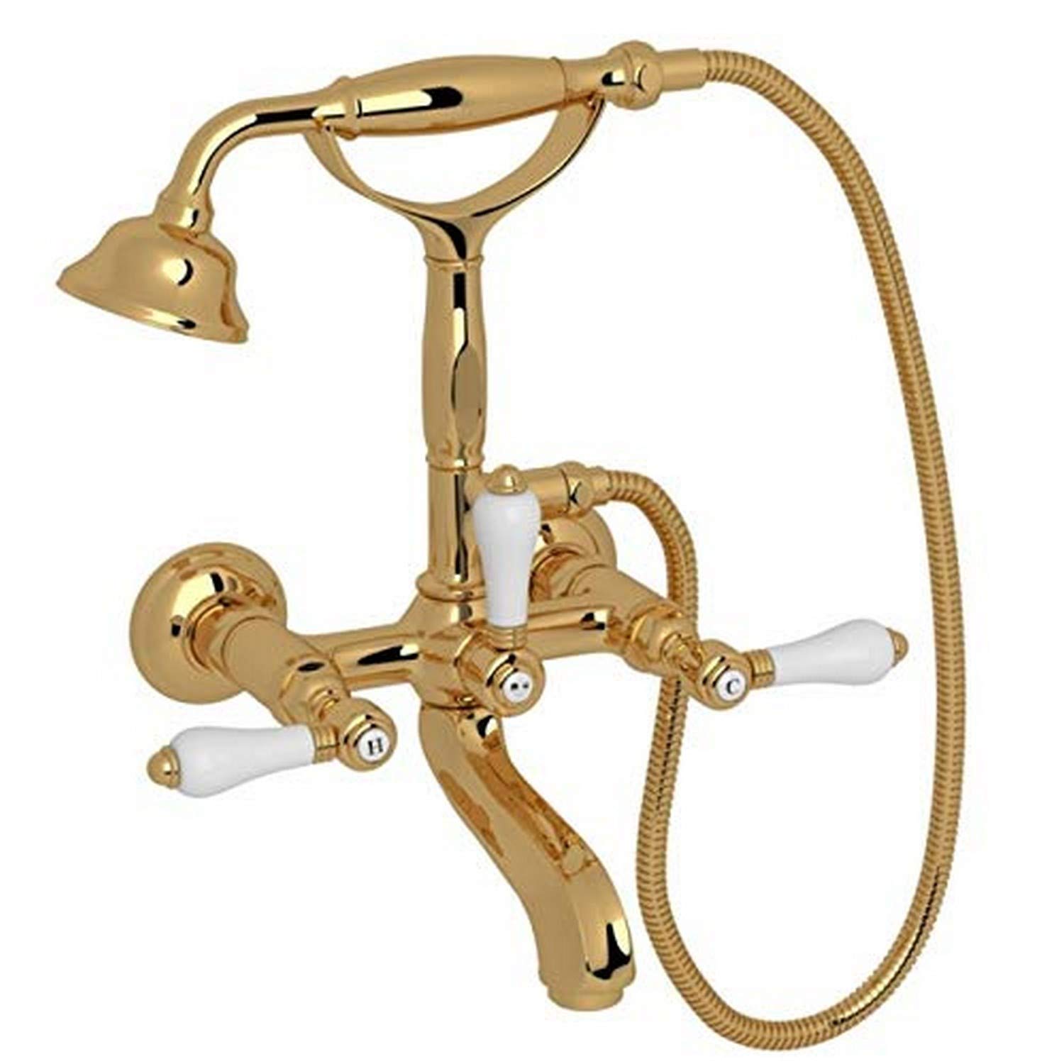 Rohl A1801LPIB Country Bath Hex Wall Mounted Tub Shower Mixer with Porcelain Handshower & Levers in Inca Brass - Vintage Style Bathroom Fixture for Classic & Farmhouse Decor