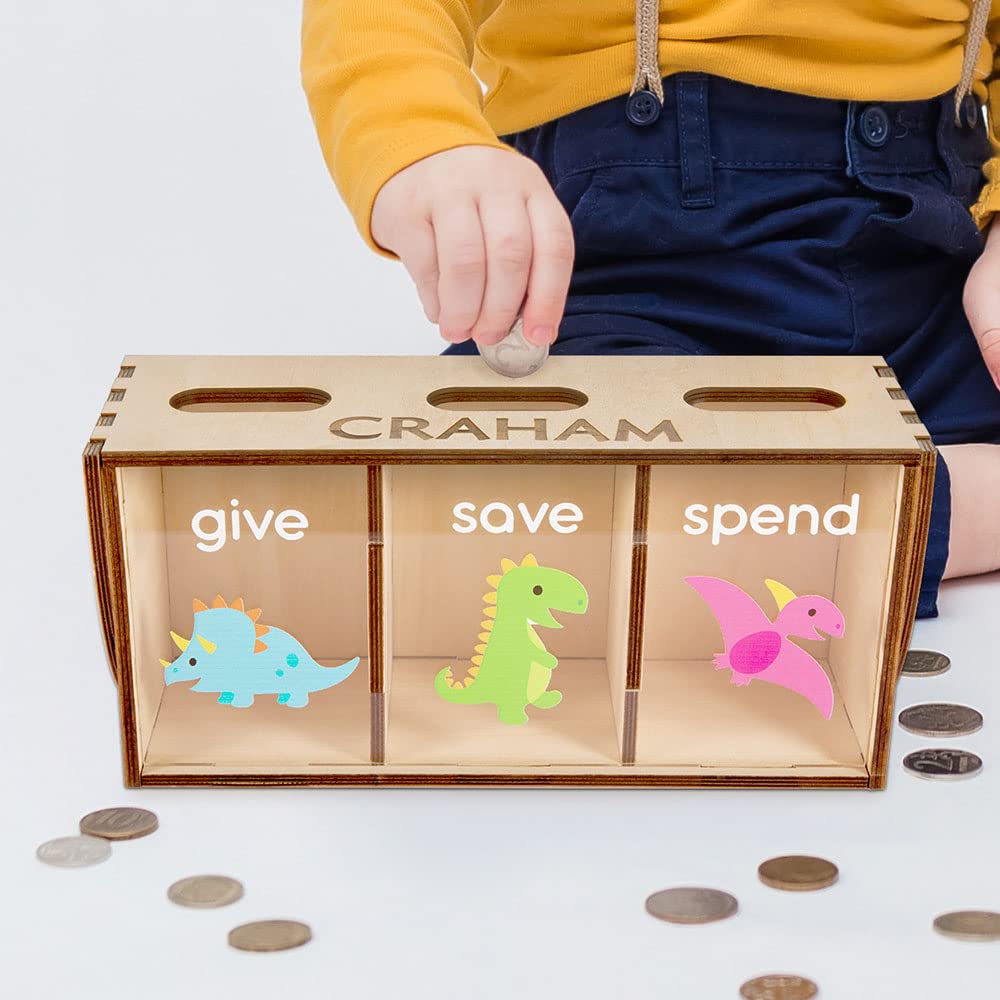 Dinosaur Wooden Piggy Bank for Kids - Large Capacity Coin Money Box with 3 Compartments, Engraving Name & Decorative Patterns | Fun Savings Gift for Boys & Girls (Christmas, Birthday, Toddler) - Perfect for Teaching Money Management & Room Decor