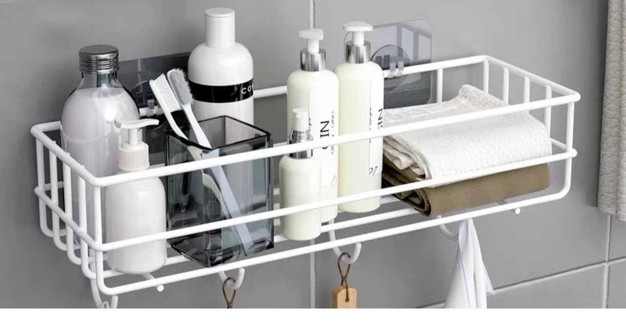 Oslen Self-Adhesive Multipurpose Bathroom Shelf Organizer - Wall Mounted Storage Rack for Bathroom Accessories - White Bathroom Shelves for Home Organization - Perfect for Shower, Toiletries and Towel Storage