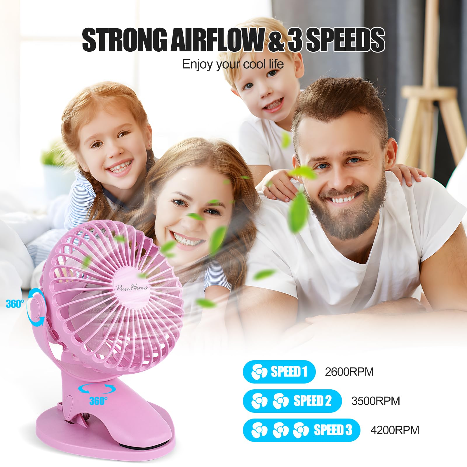 Portable Clip Fan - USB Rechargeable Battery Operated Mini Desk Fan with 3 Speed Settings, 360° Rotation & Ultra Quiet Strong Airflow - Perfect for Home, Office, Bedroom, Dorm, Stroller, Camping & Travel (Pink)