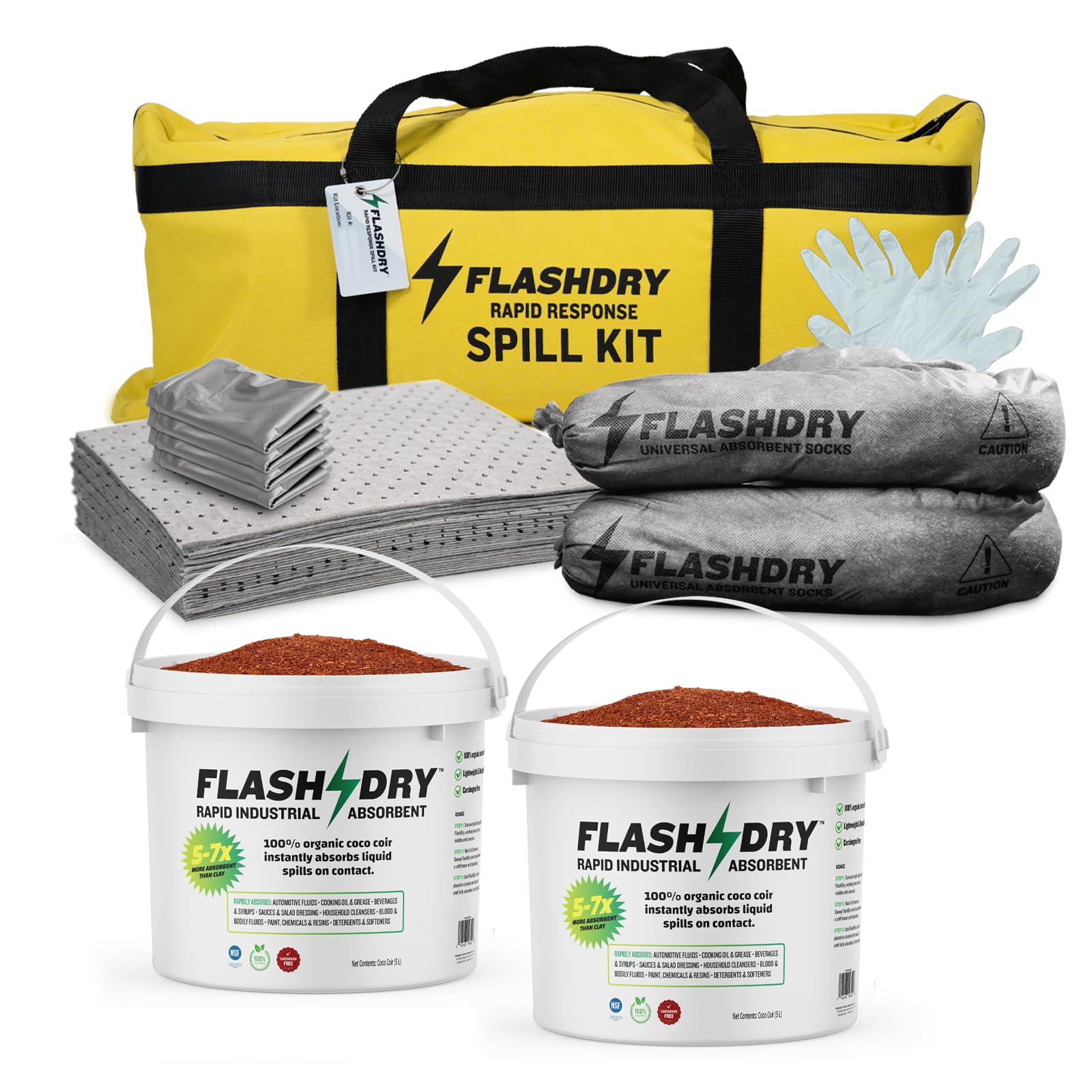 FlashDry Portable Complete Spill Kit - 15 Absorbent Pads, 2 Sorbent Socks, Nitrile Gloves & Eco-Friendly Coir Buckets | Emergency Oil & Chemical Spill Cleanup for Garage, Workshop & Industrial Use