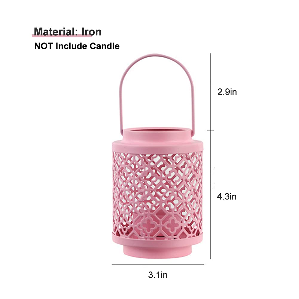 WAYUTO 7.2 Inch Pink Metal Candle Holder Set of 2 - Rustic Iron Hanging Lantern Candlestick Holder for Indoor Outdoor Decor, Desk, Patio, Garden, Pathway & Yard - Perfect for Wedding, Party, Home Decor & Romantic Ambiance