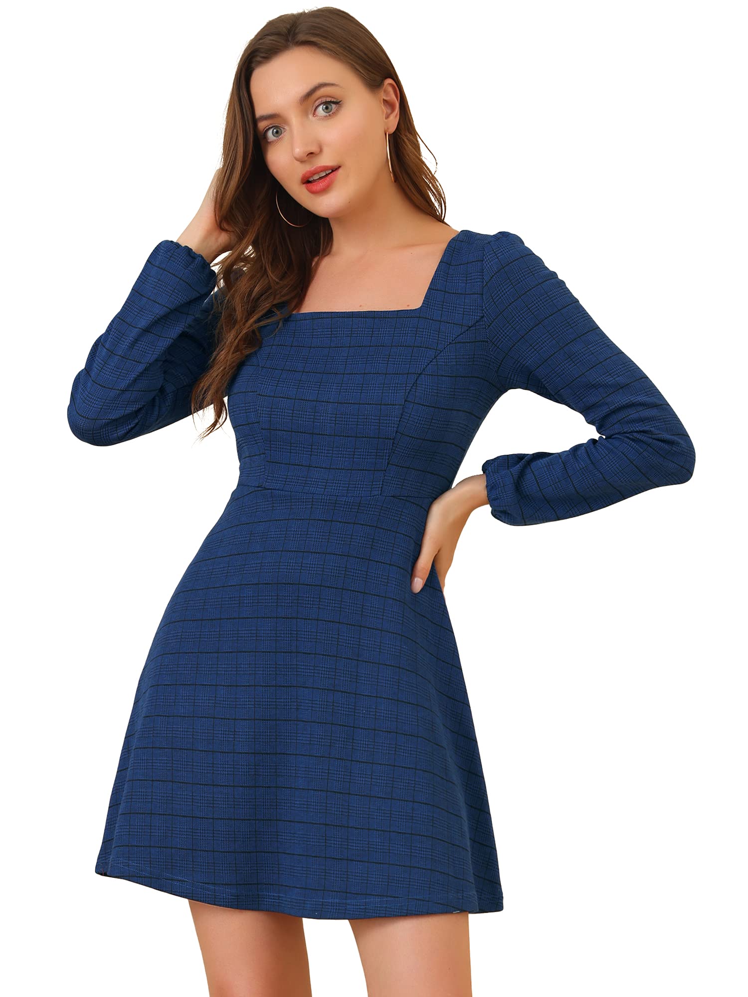 Allegra K Women's Vintage Retro Plaid Mini Dress - Square Neck Long Sleeve Spring Floral Dress for Casual Outings, Date Nights & Office Wear