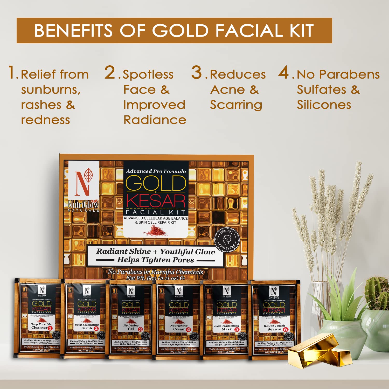 NutriGlow NATURAL'S Advanced Pro Formula Gold Kesar Facial Kit - 60gm Aloe Vera Face Gel, 100gm Gold Kesar Face Wash (65ml) - Tightens Pores, Reduces Wrinkles - 3-Piece Skincare Set for Glowing Skin - Perfect for Daily Cleansing & Anti-Aging Routine
