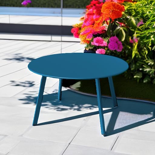 28 Inch Round Steel Coffee Table for Outdoor Patio - Peacock Blue Side Table with Rust-Resistant Finish, Perfect for Backyard, Deck, Garden & Poolside Relaxation