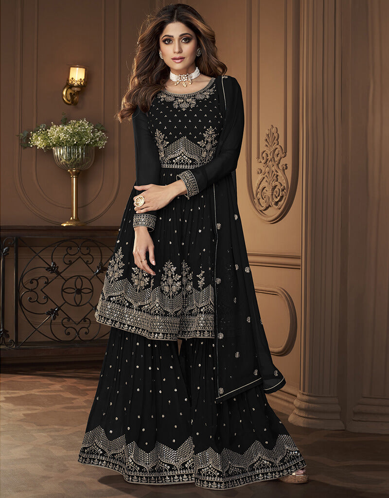 Black Sharara Style Suit - Faux Georgette Fabric Elegant Pakistani Outfit for Women - Perfect for Weddings, Parties & Special Occasions